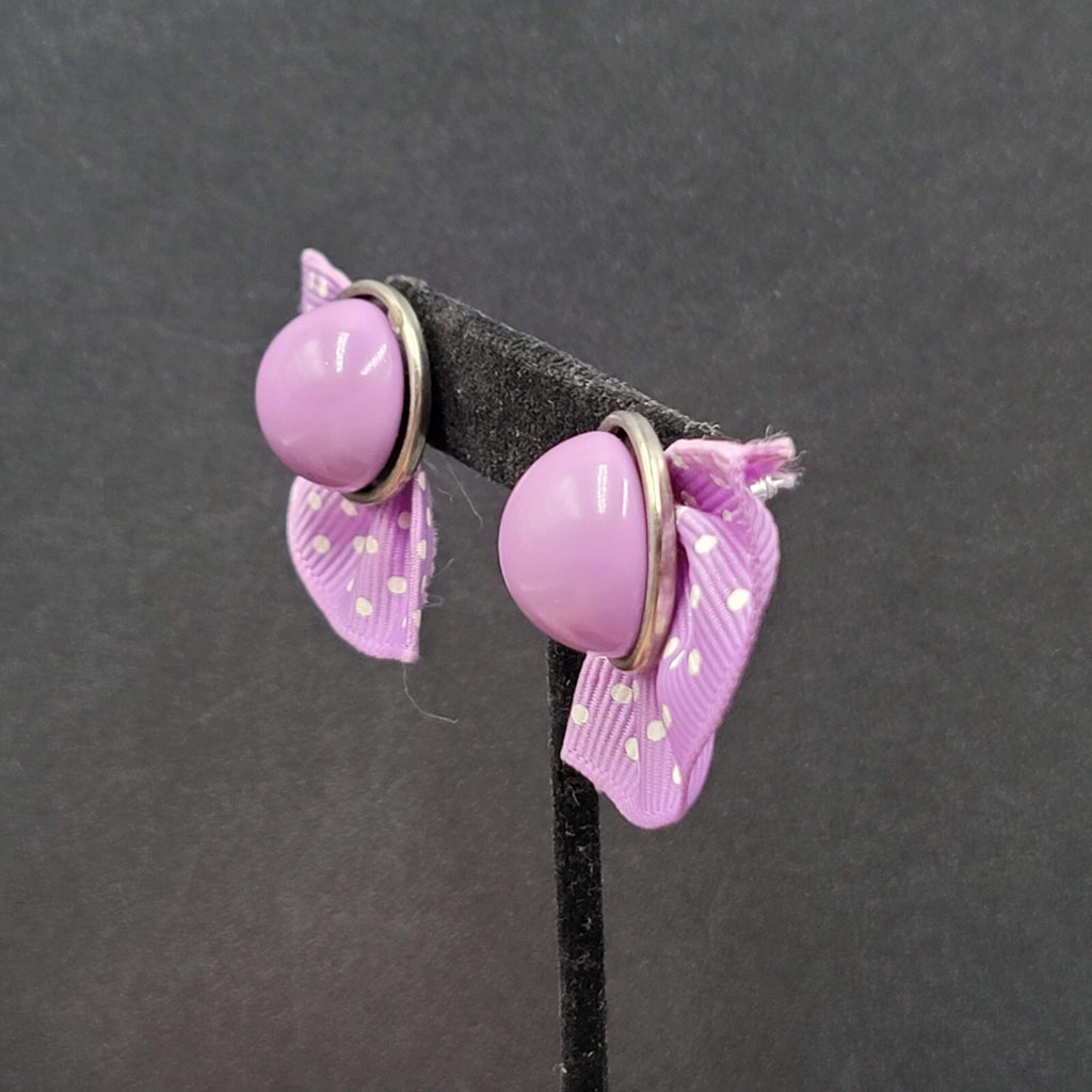Vintage Pierced Earrings Purple Cabochon Polka Dot Grosgrain Ribbon 1 7/8"