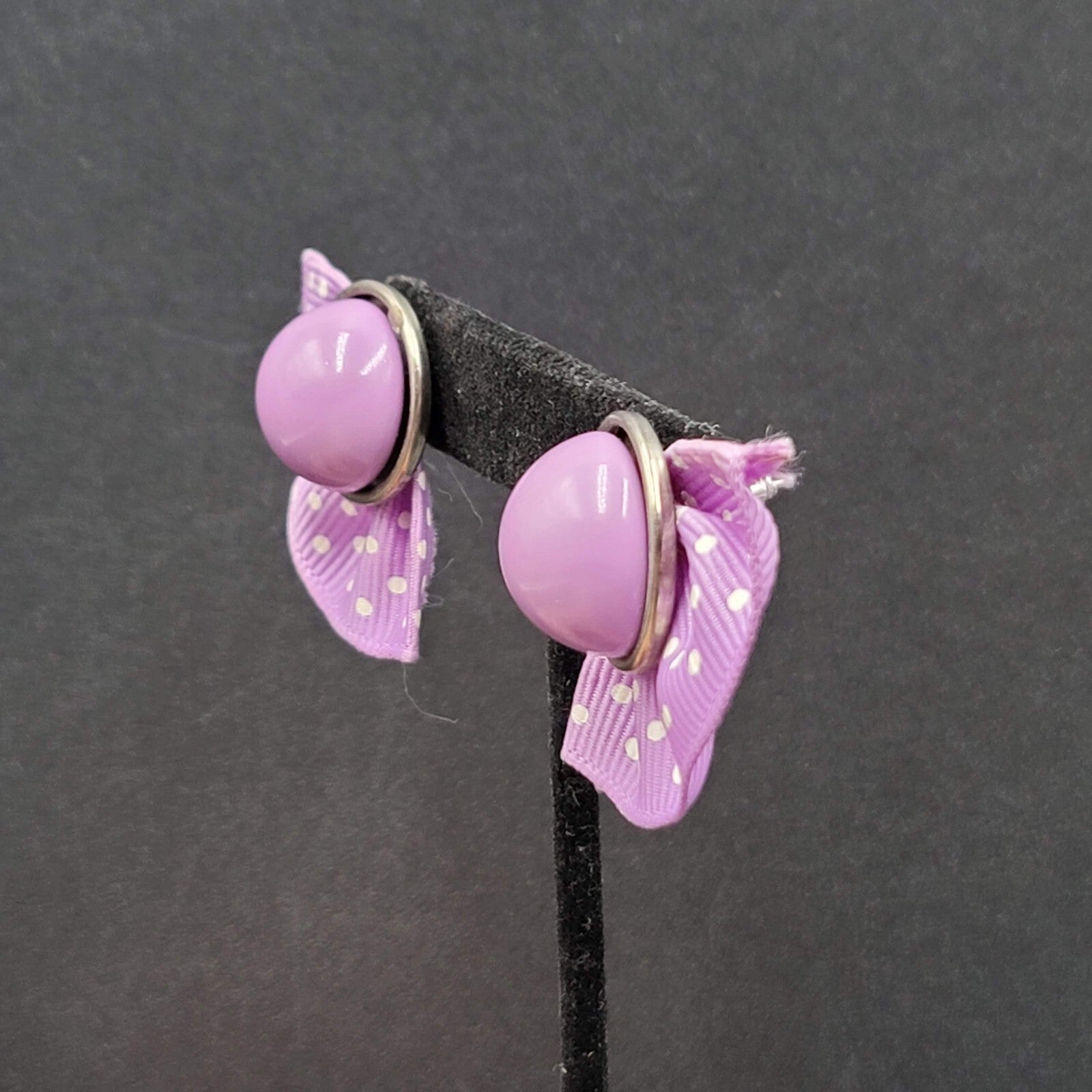 Vintage Pierced Earrings Purple Cabochon Polka Dot Grosgrain Ribbon 1 7/8"