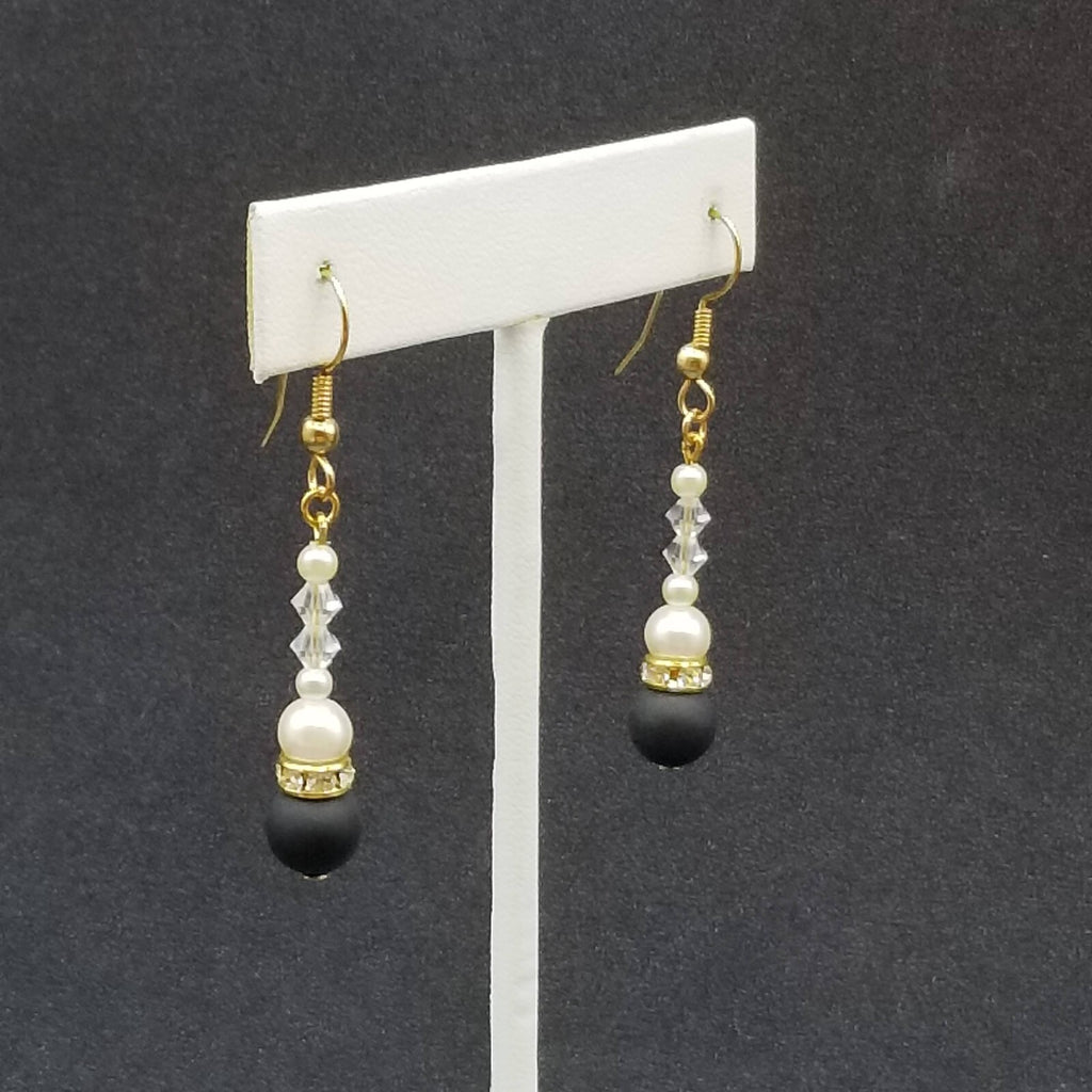 Pierced Earrings Gold tone Crystal Faux Pearl Black Beaded Dangle 1 1/8"