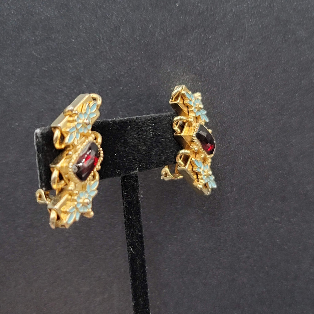 Vintage Clip on Earrings Gold tone Blue Enamel Red Rhinestone Climber 1 3/8"