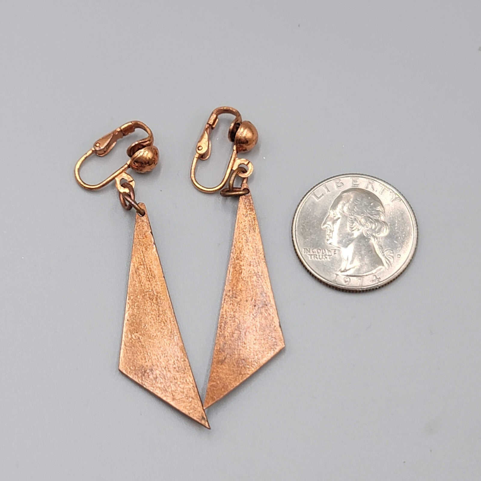Vintage Clip on Earrings Copper Dark Blue Enamel Dangle 2"