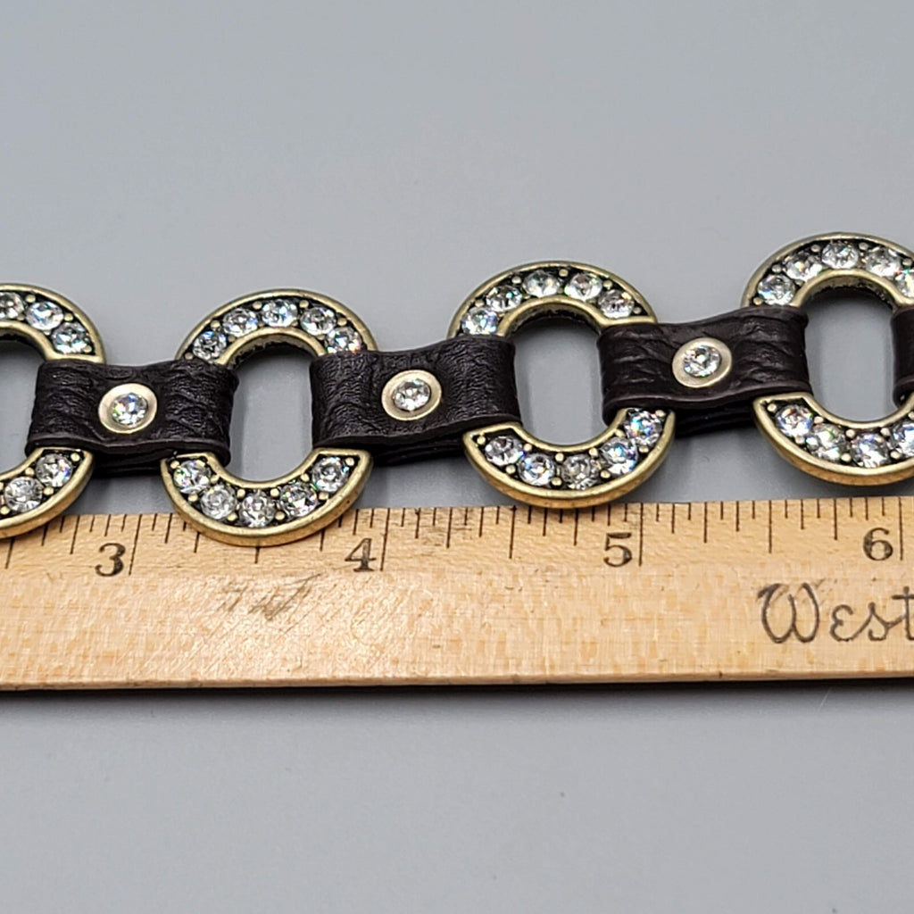Guang Tong Brown Leather Bracelet Snaps Rhinestones Bronze tone