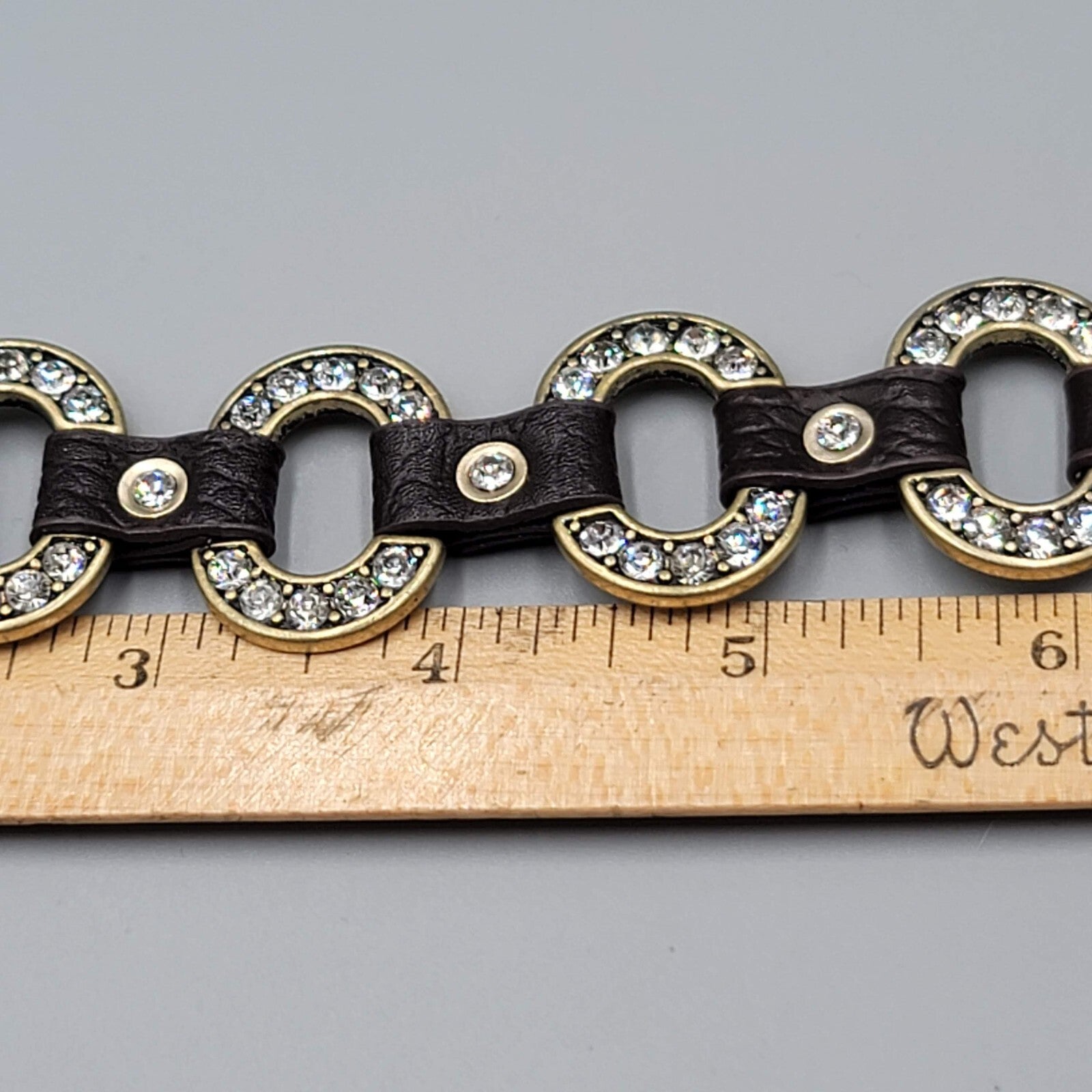 Guang Tong Brown Leather Bracelet Snaps Rhinestones Bronze tone