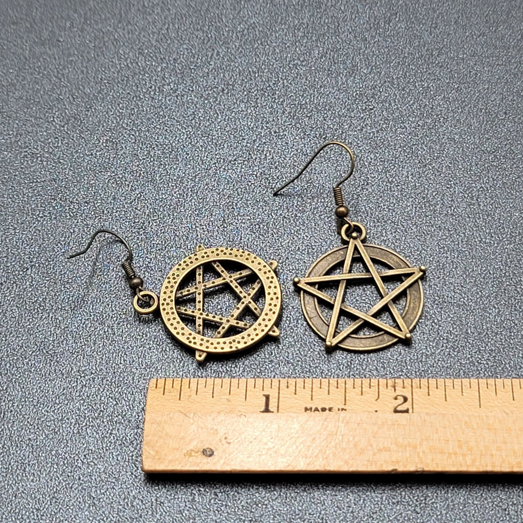 Pentacle Pierced Earrings Bronze tone Pentagram Witch Dangle 1 1/8"
