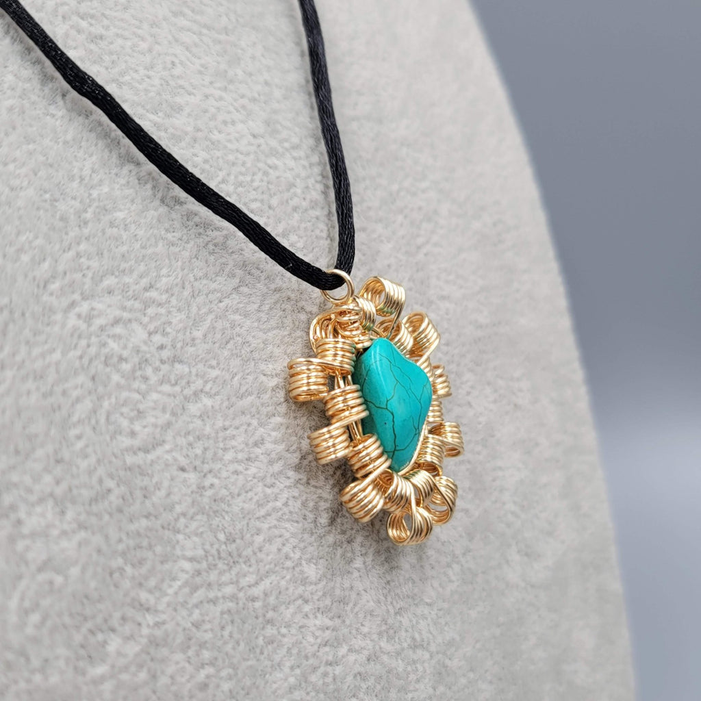 Handmade Wire Wrapped Gold tone Blue Howlite Black Cord 20"