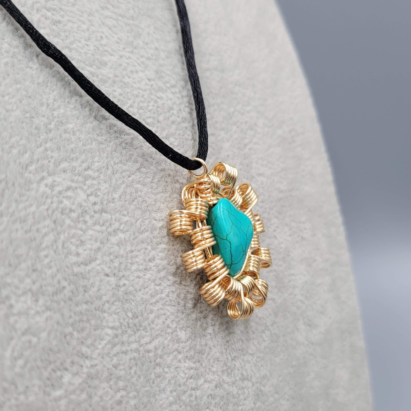 Handmade Wire Wrapped Gold tone Blue Howlite Black Cord 20"