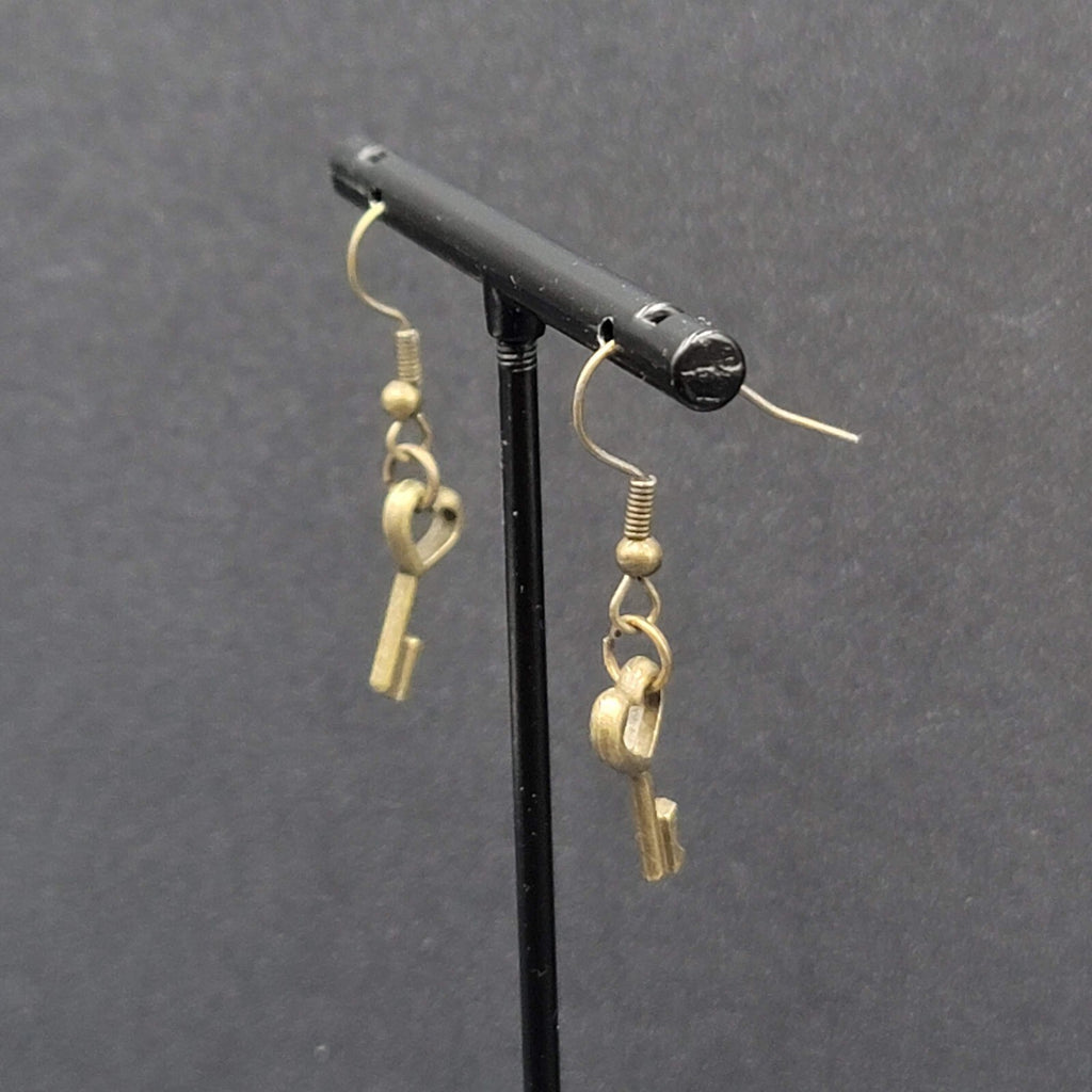 New Pierced Earrings Bronze tone Heart Skeleton Key Dangle 5/8"