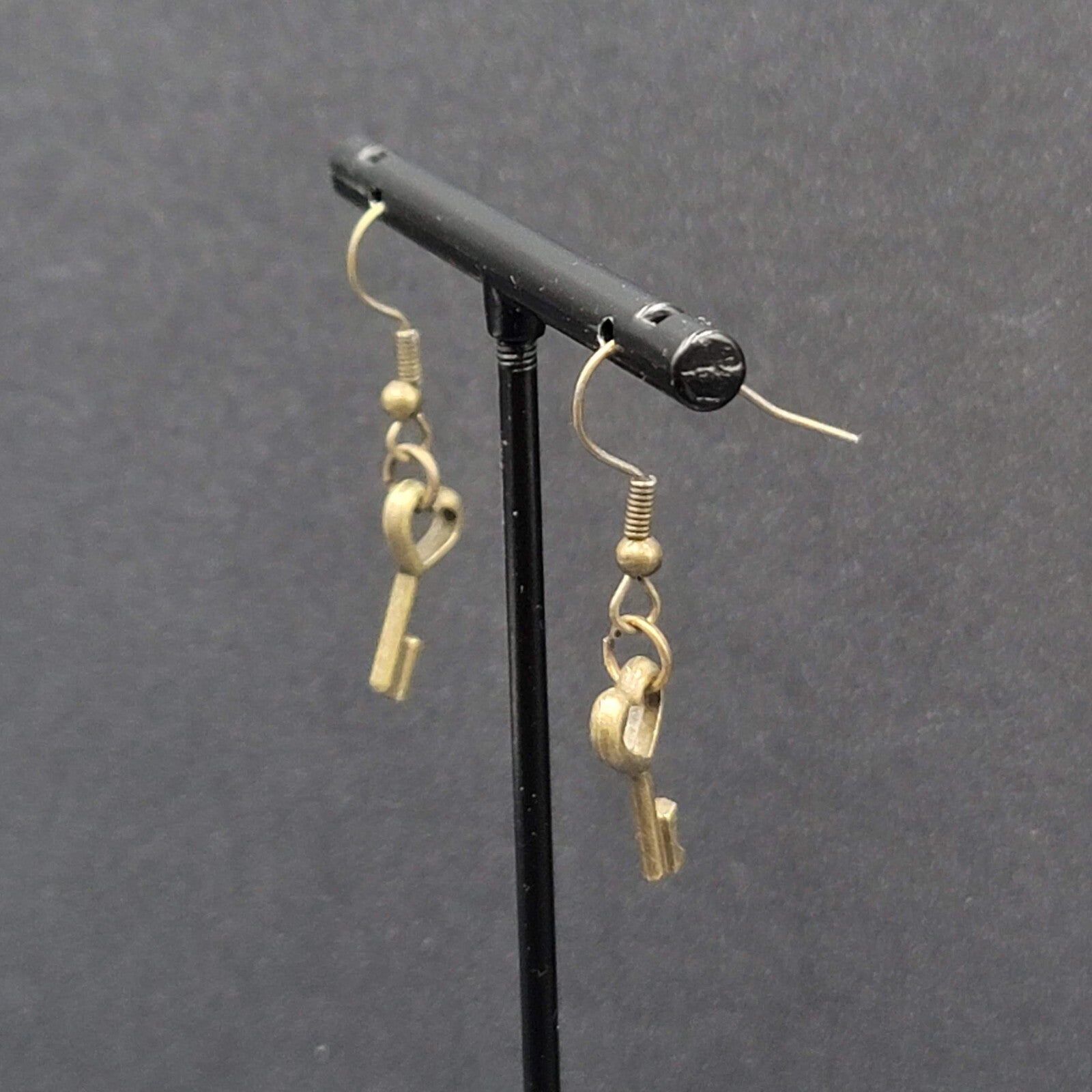 New Pierced Earrings Bronze tone Heart Skeleton Key Dangle 5/8"