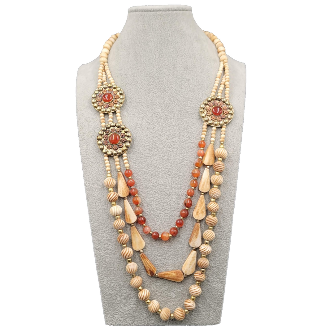 Vintage Ethnic African Bead Necklace Bovine Cow Bone Brass Carnelian Stone