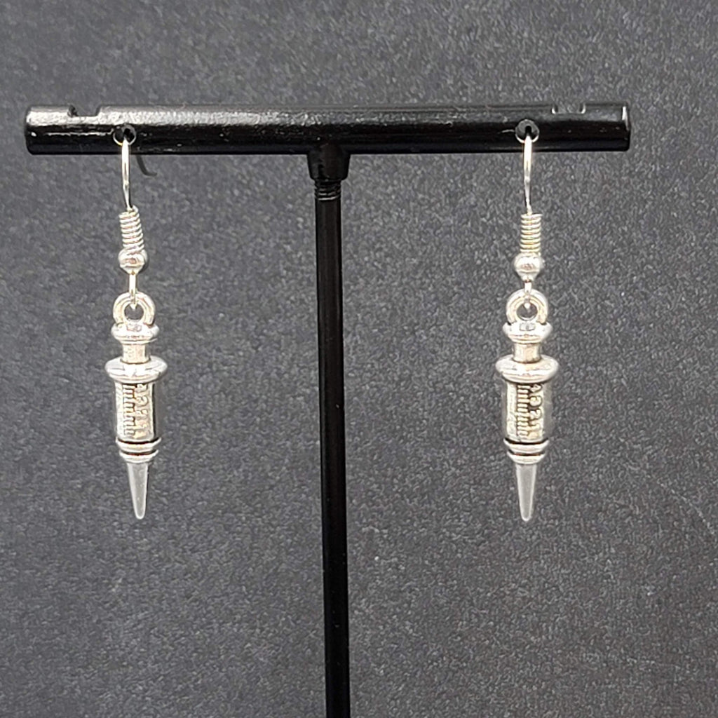Syringe Nurse Pierced Earrings Silver tone Medical Dangle 1"