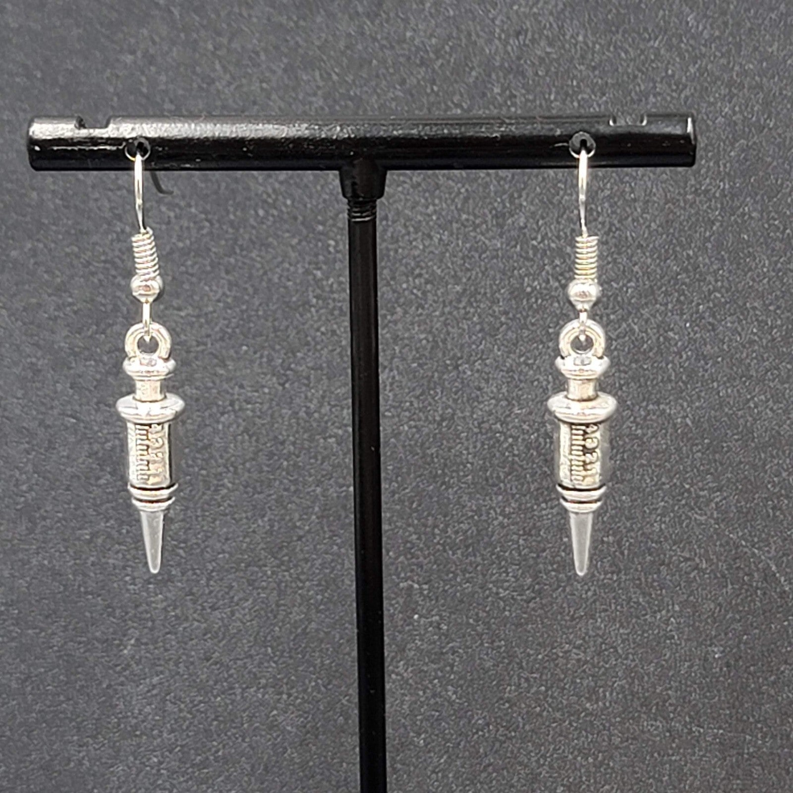 Syringe Nurse Pierced Earrings Silver tone Medical Dangle 1"