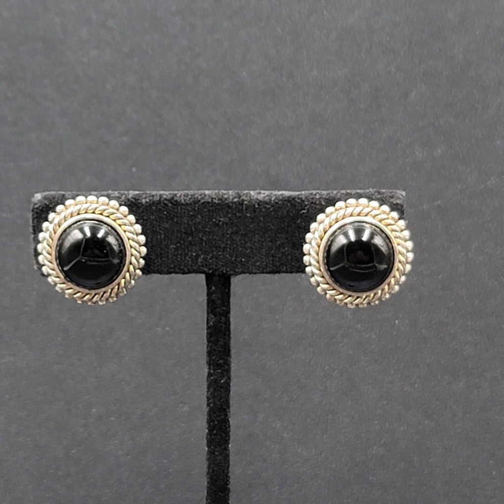 Vintage Clip on Earrings Silver Plated Black Stone Cabochon Studs 3/4"