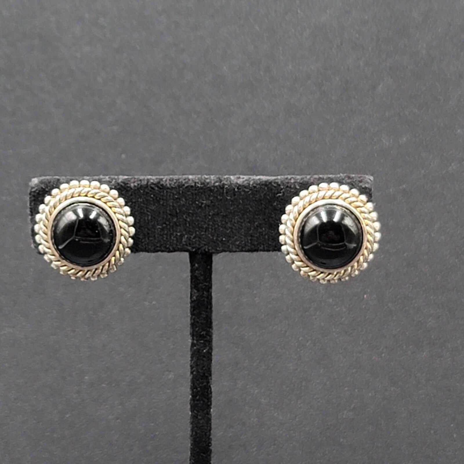 Vintage Clip on Earrings Silver Plated Black Stone Cabochon Studs 3/4"