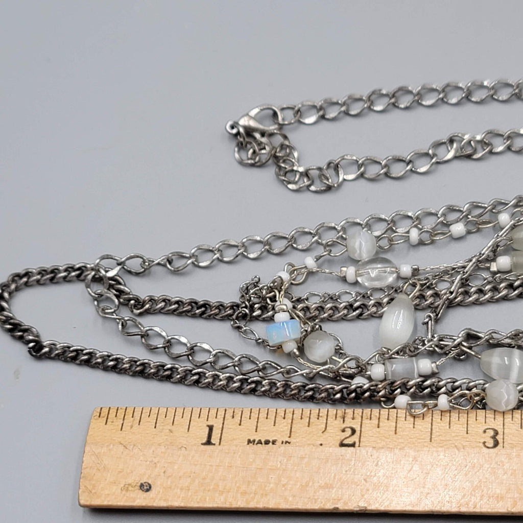 Multi Chain Necklace Silver tone White Cats Eye Bead 28"