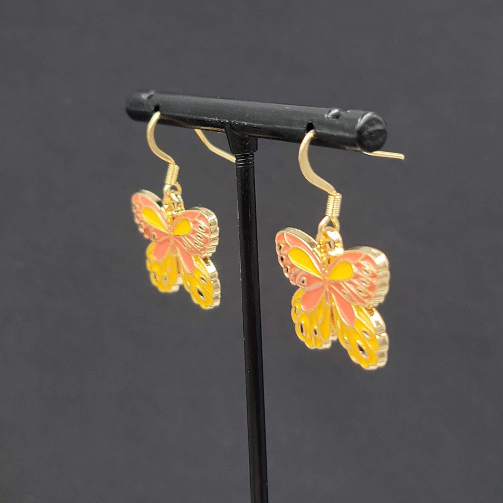 Yellow Moth Enamel Pierced Earrings Gold tone Dangle Butterfly 3/4"