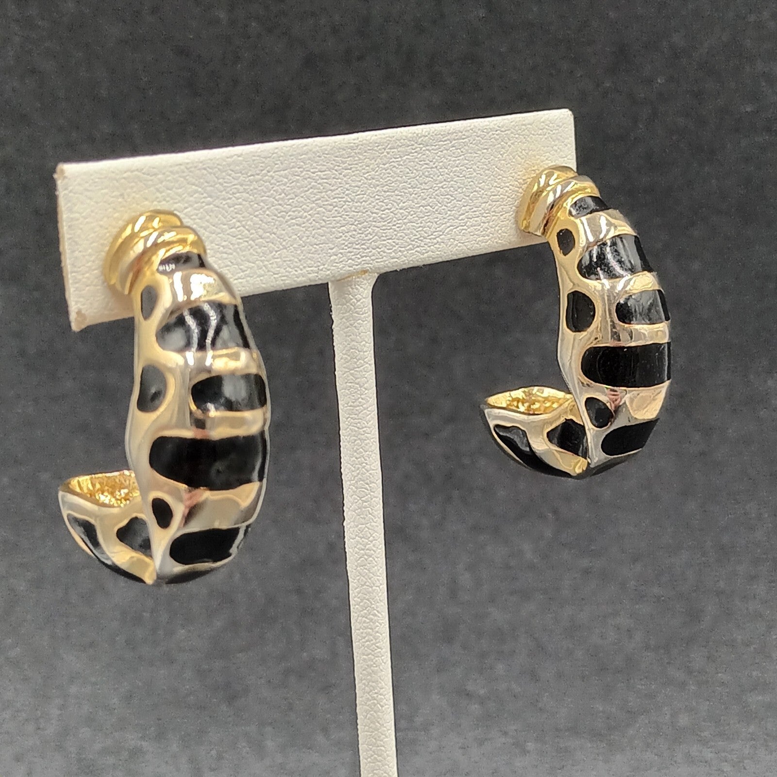 Pierced Earrings Gold tone Black Enamel Oblong Half Hoop Heavy Drop 1 1/4"