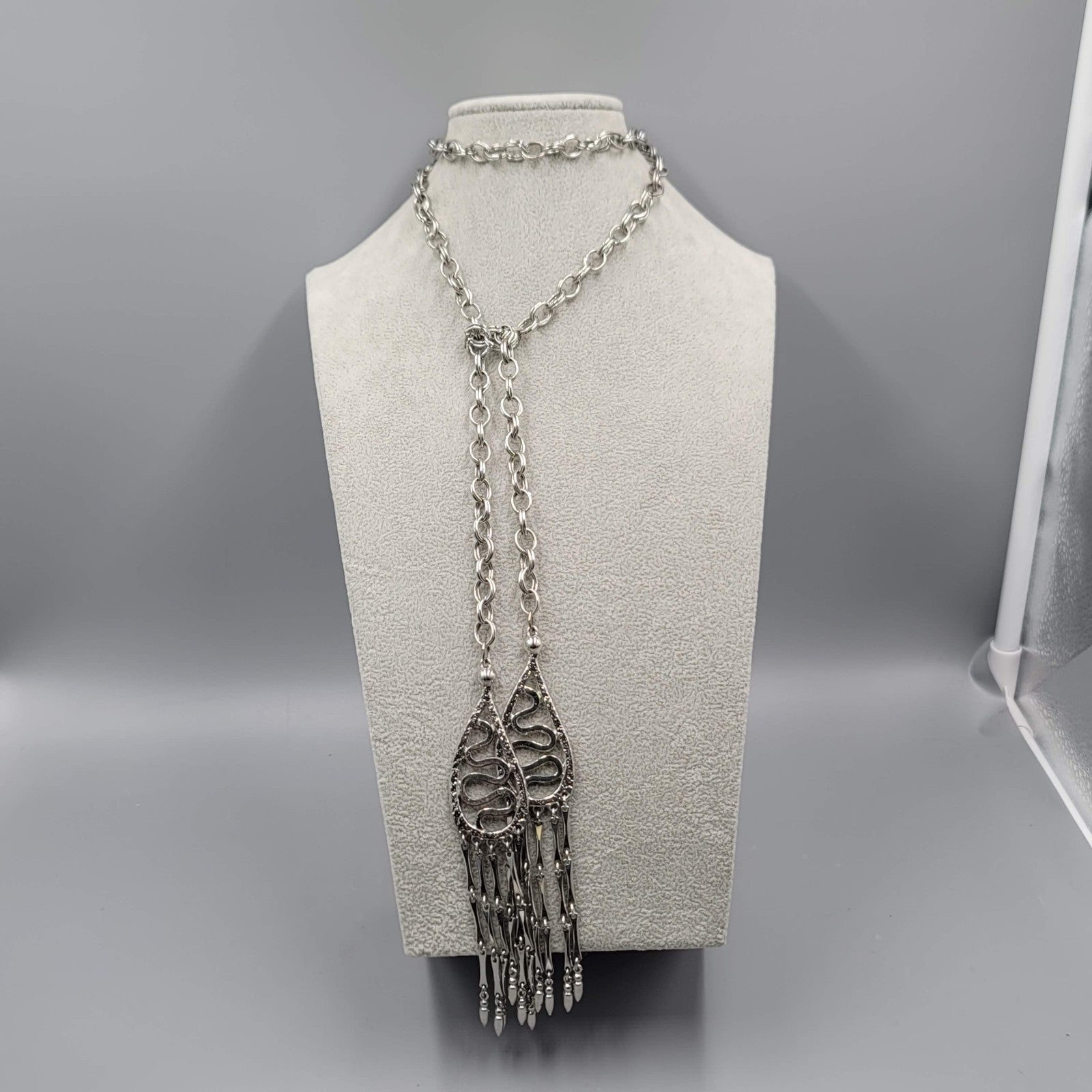 Vintage Lariat Necklace MCM Statement Silver tone LONG 36" + 5.5" Tassels