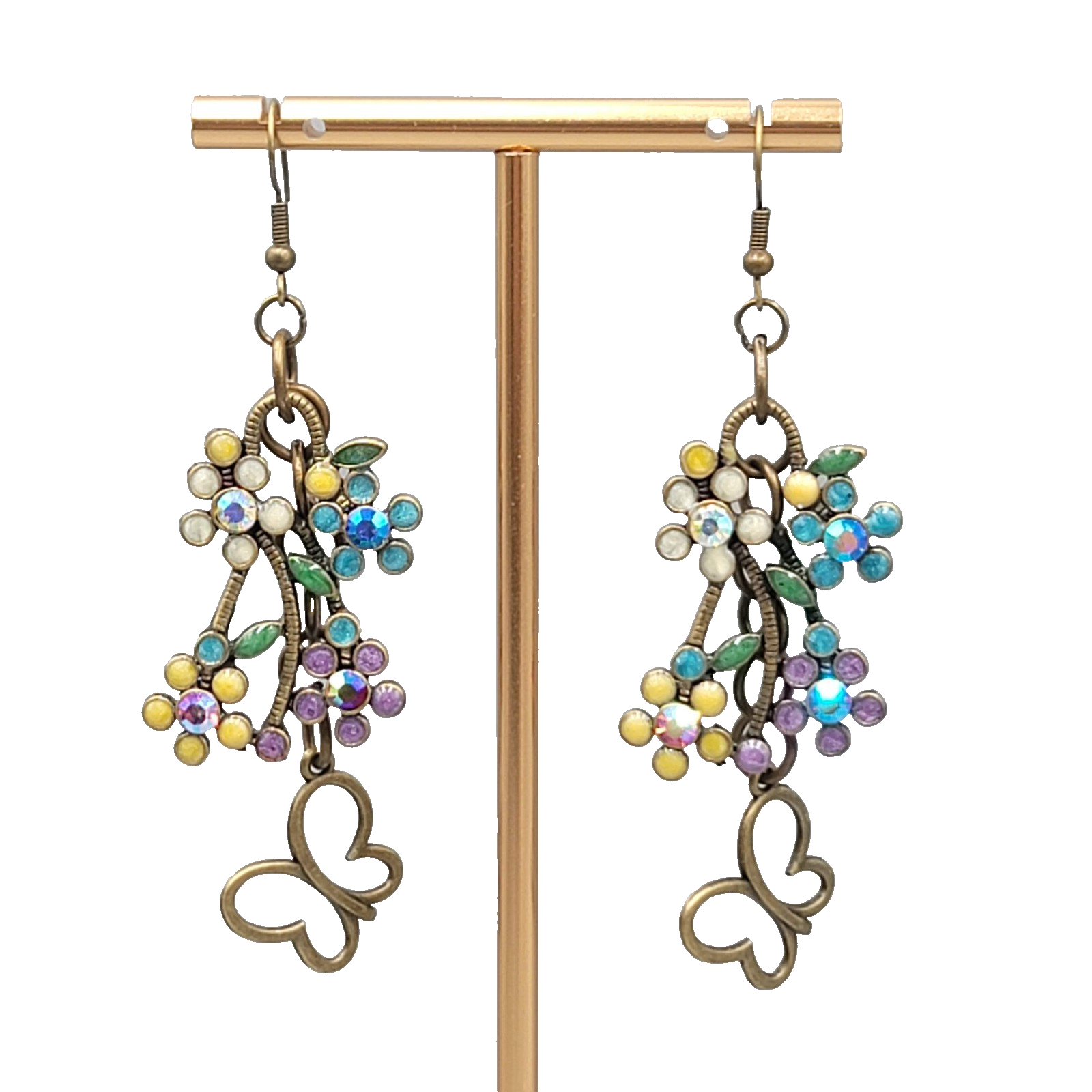 Multicolor Rhinestone Butterfly Pierced Earrings Bronze toen Dangle 2.5 in