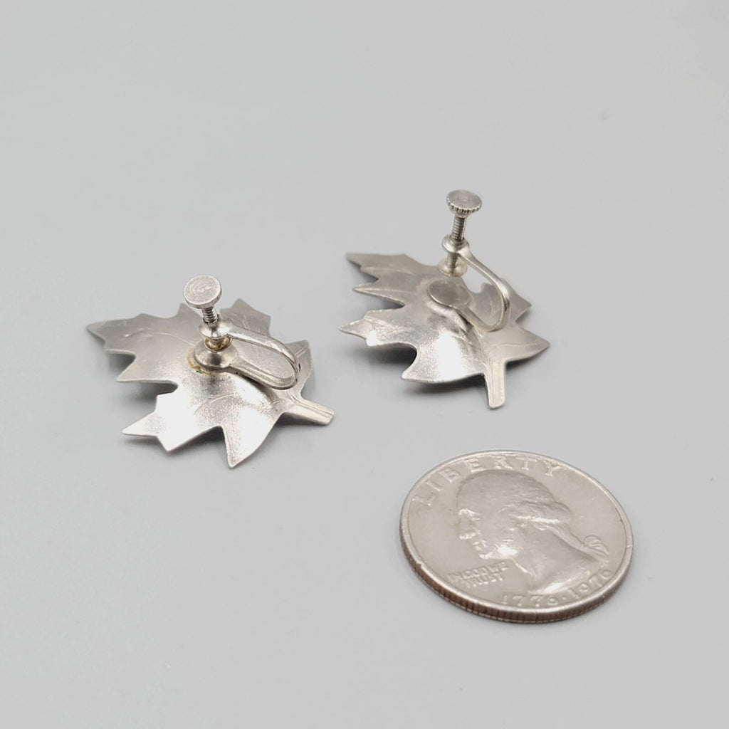 Vintage Clip on Earrings Silver tone Leaf Screw Back 1.25"