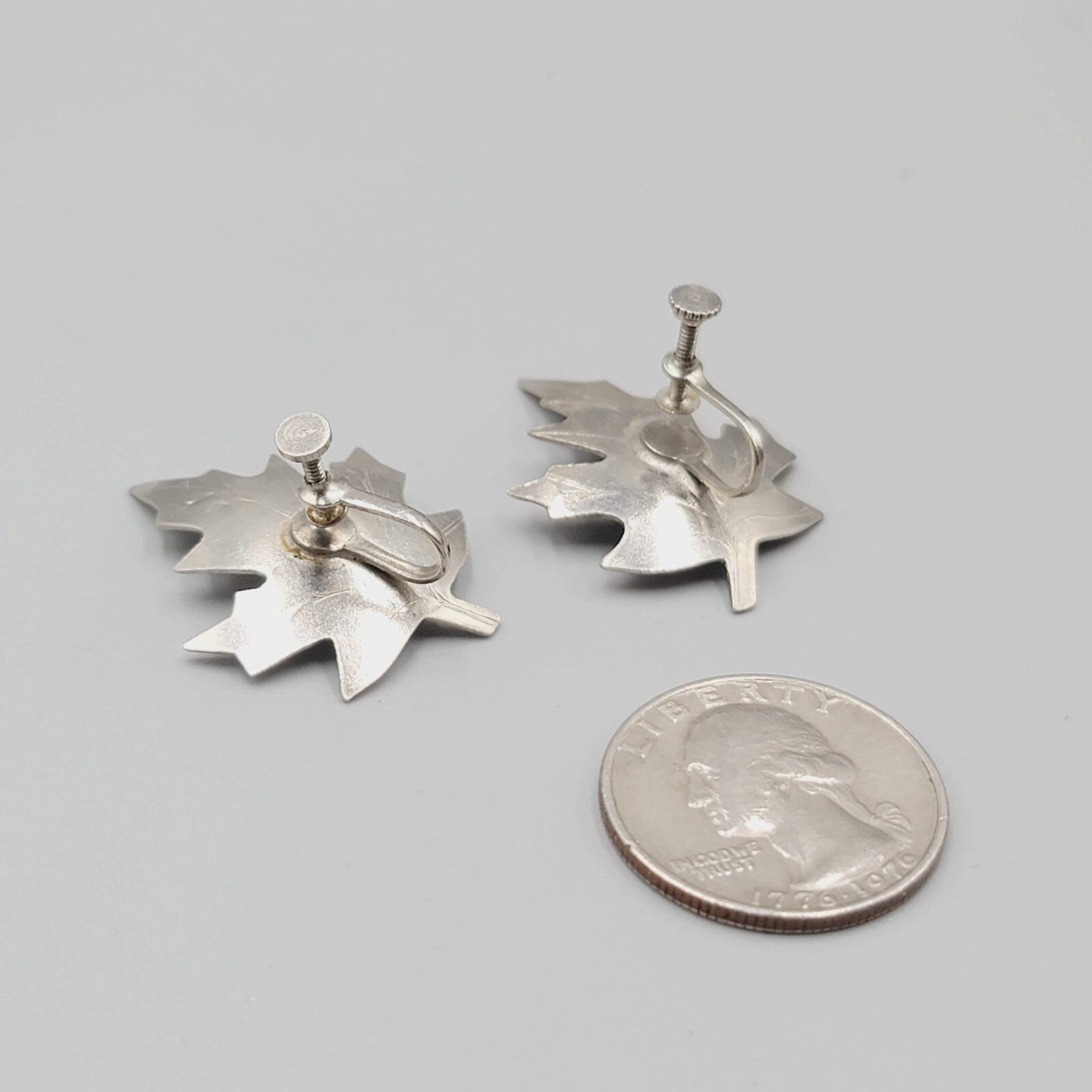 Vintage Clip on Earrings Silver tone Leaf Screw Back 1.25"