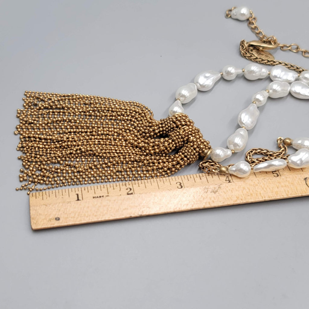 Chicos White Bead Necklace Gold tone Bead Chain Tassel Pendant LONG 36"