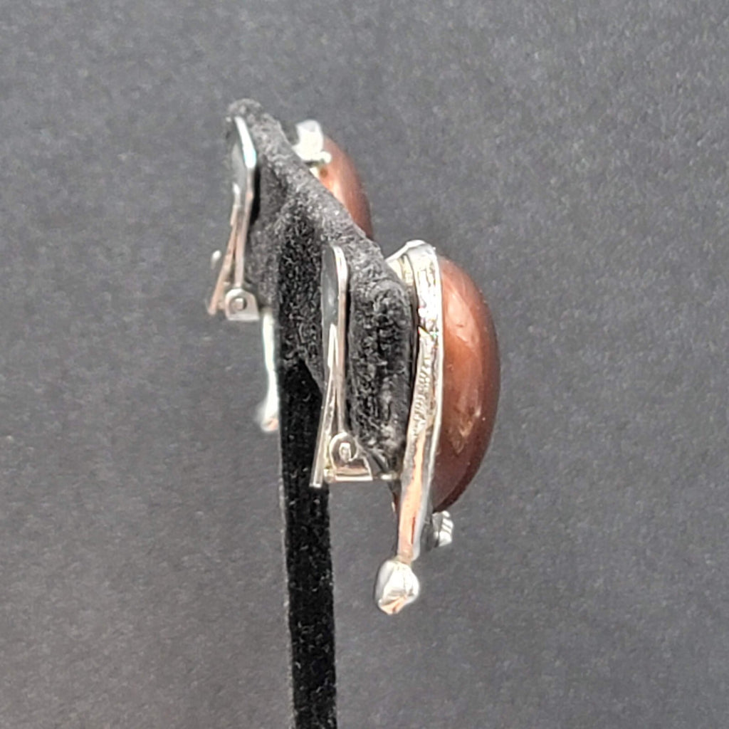 Vintage Clip on Earrings Silver tone Brown Oval Cabochon Acrylic Drop 1 1/8"