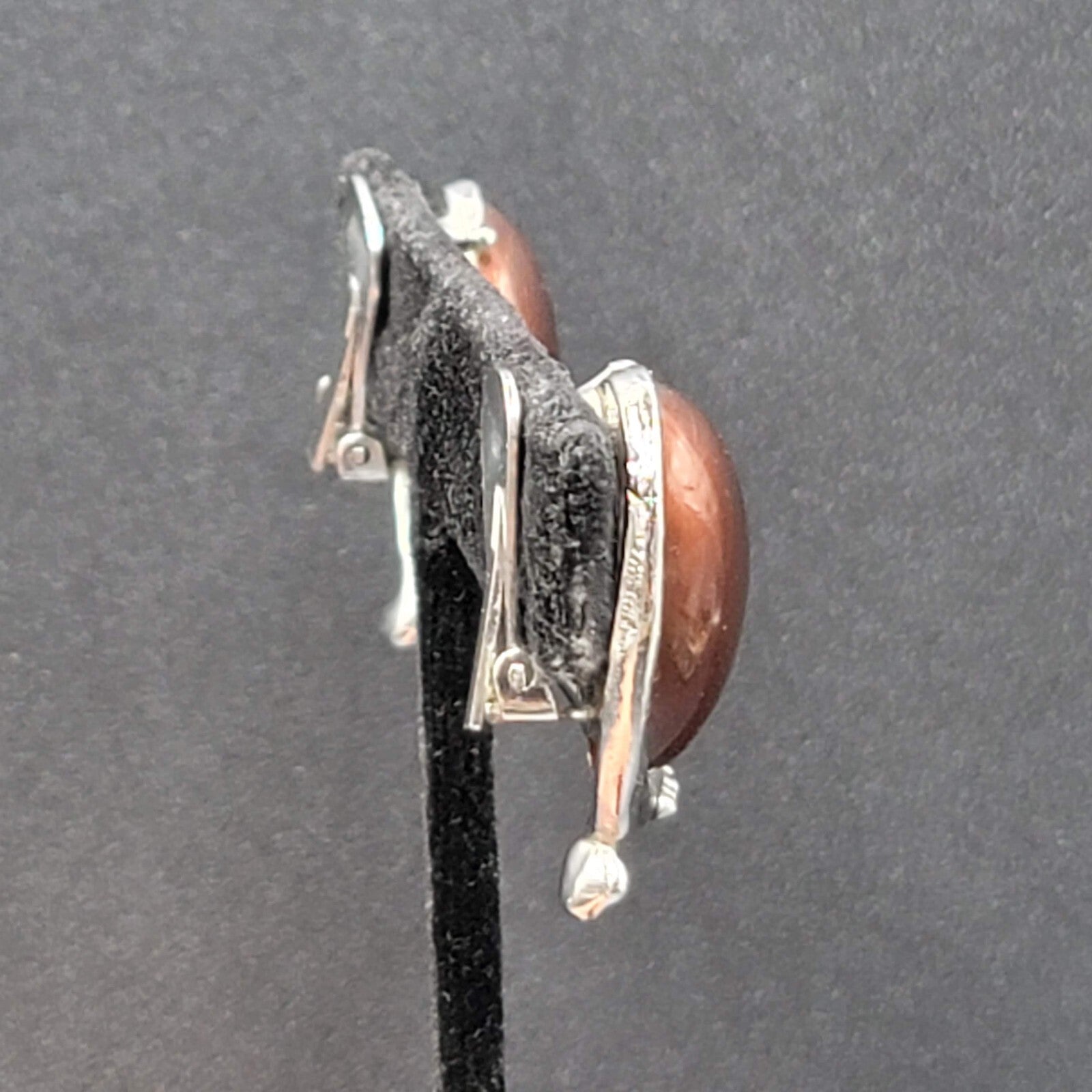 Vintage Clip on Earrings Silver tone Brown Oval Cabochon Acrylic Drop 1 1/8"