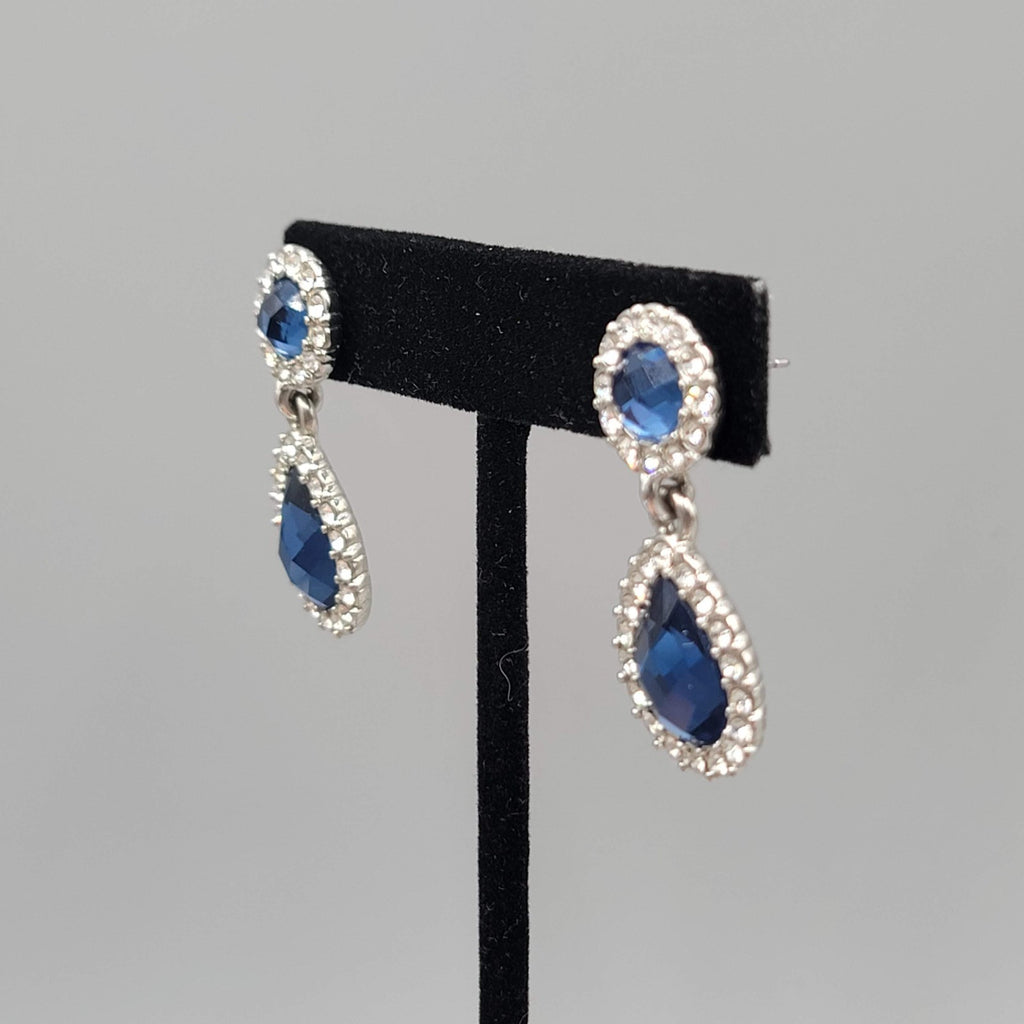 Blue Faceted Crystal Teardrop Pierced Earrings Silver tone Dangle 1.5 in