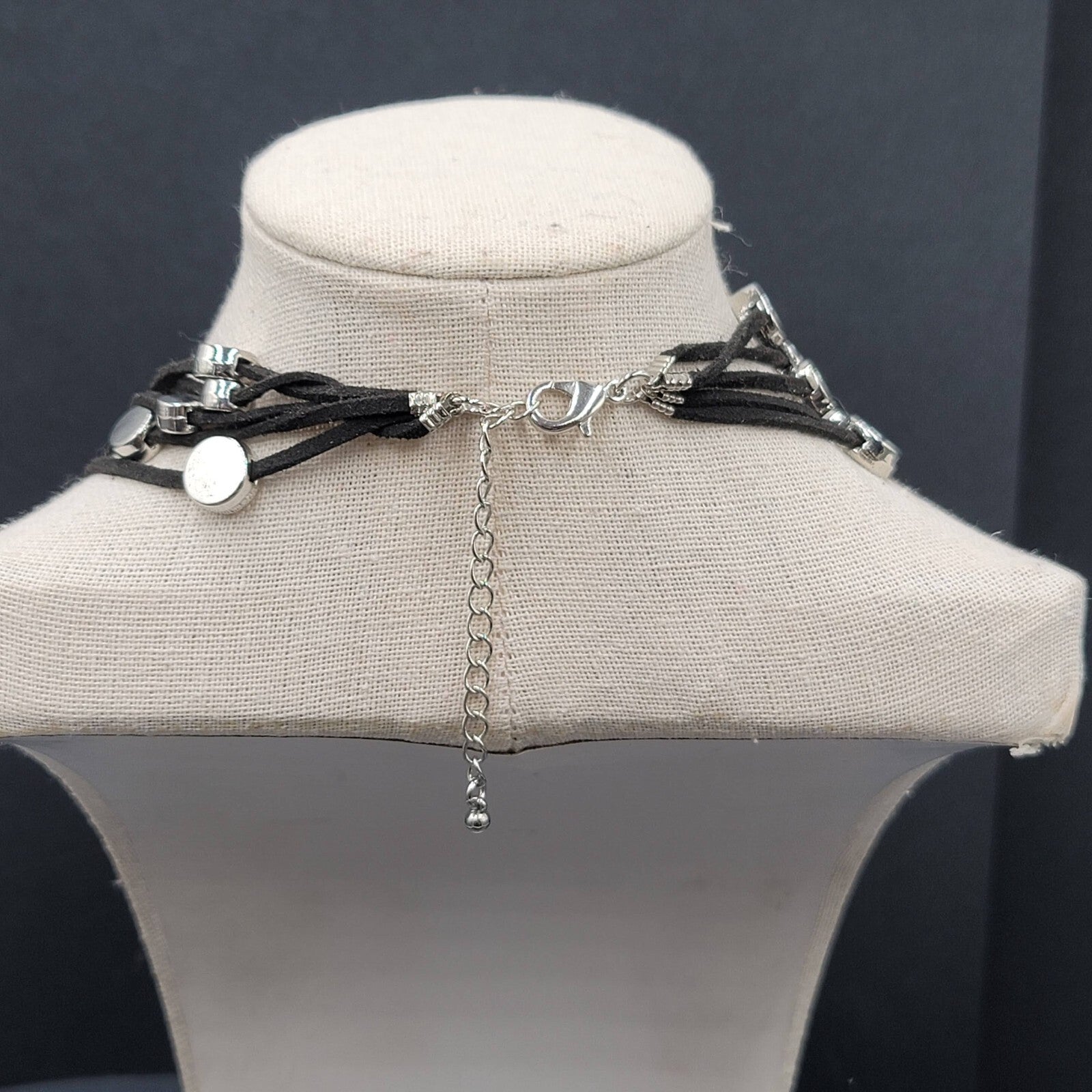 Black Cord Silver Disc Accents Necklace Layered 5 Multi Strand 18"-21"