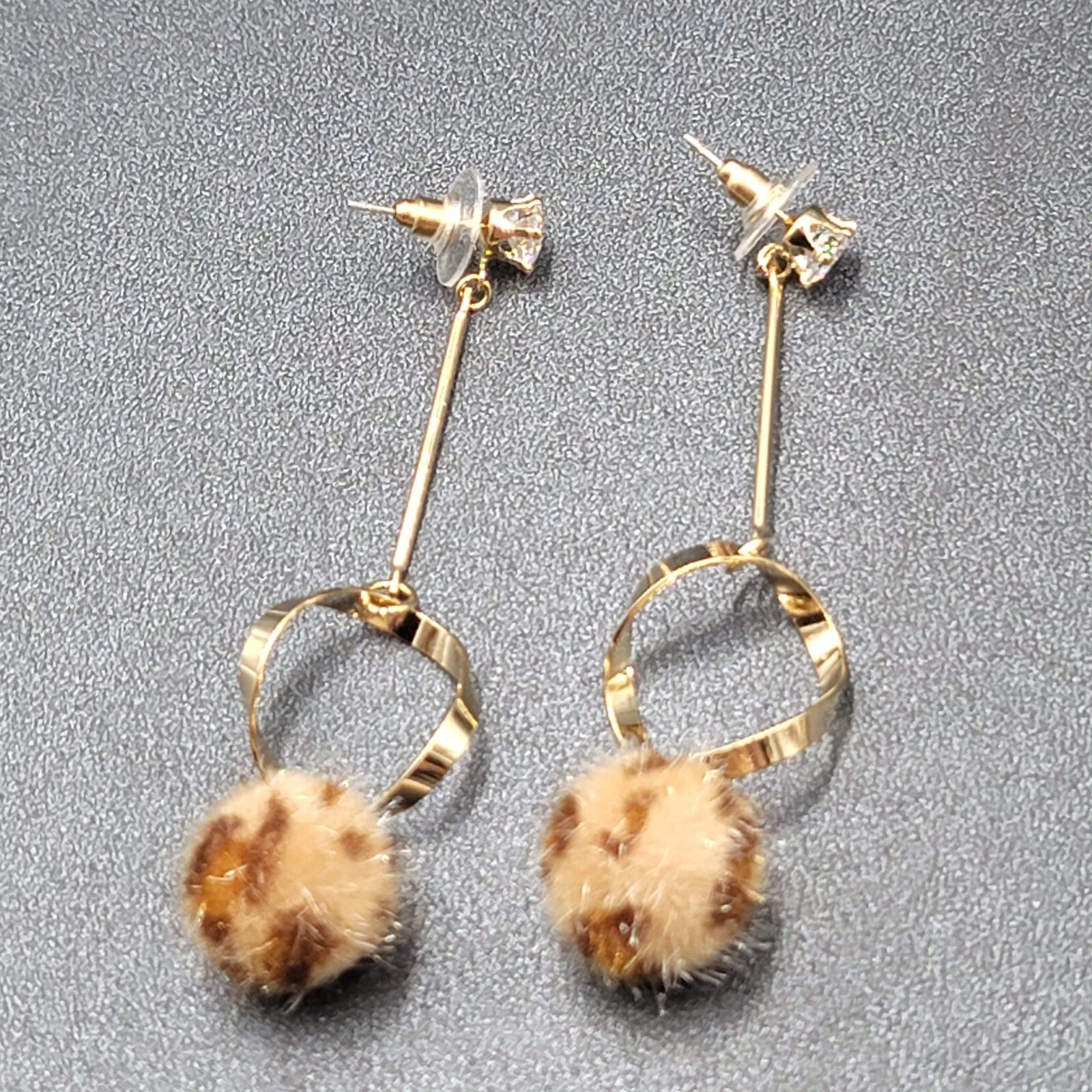 Pierced Earrings Gold tone Crystal Leopard Fuzz Ball Dangle 2.5"