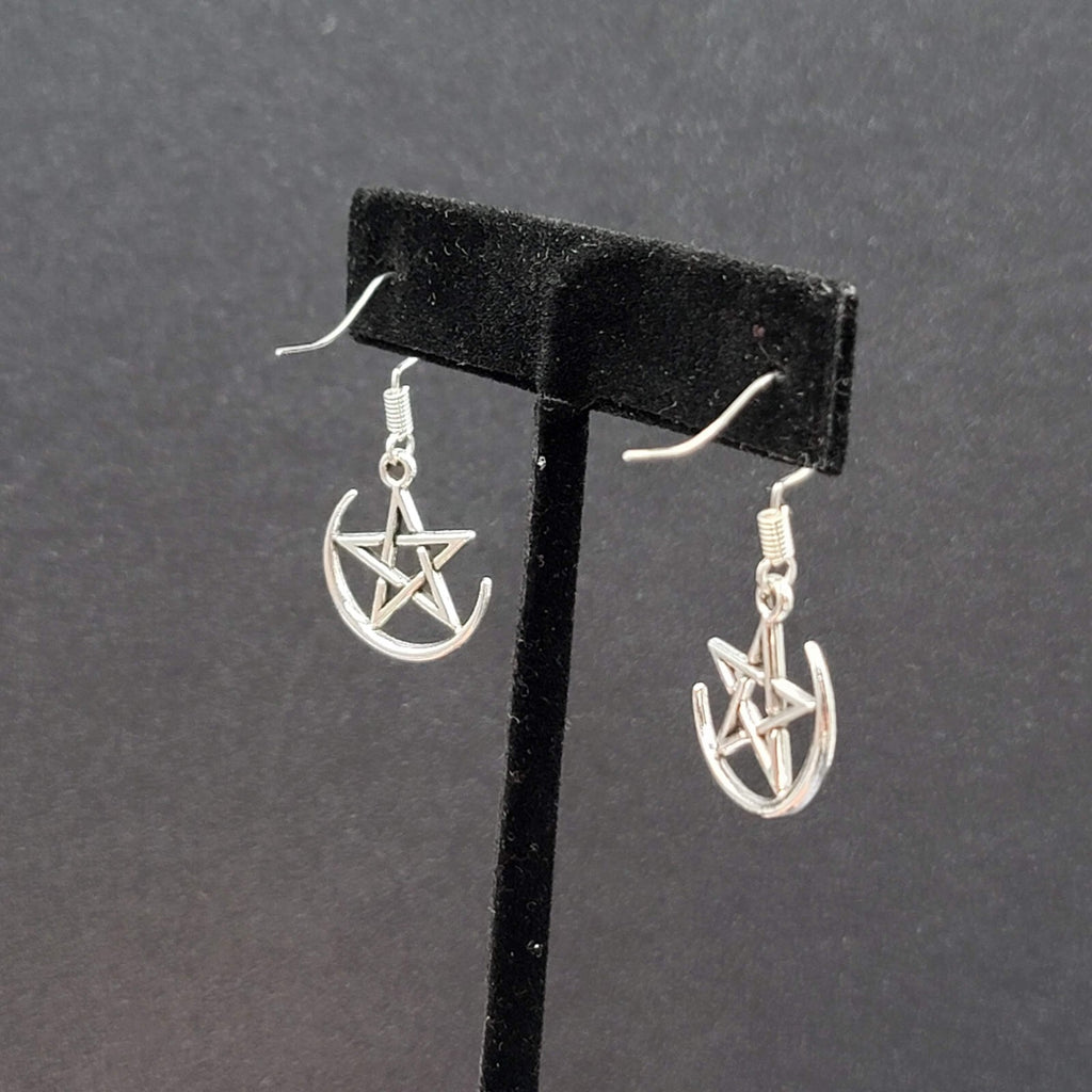 Pentagram Pierced Earrings Half Moon Star Silver tone Dangle 3/4"