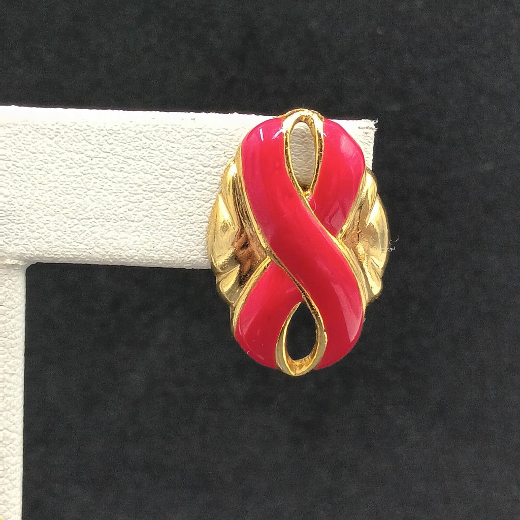 Vintage Pierced Earrings Red Enamel Infinity Gold tone Oval Drop 1"