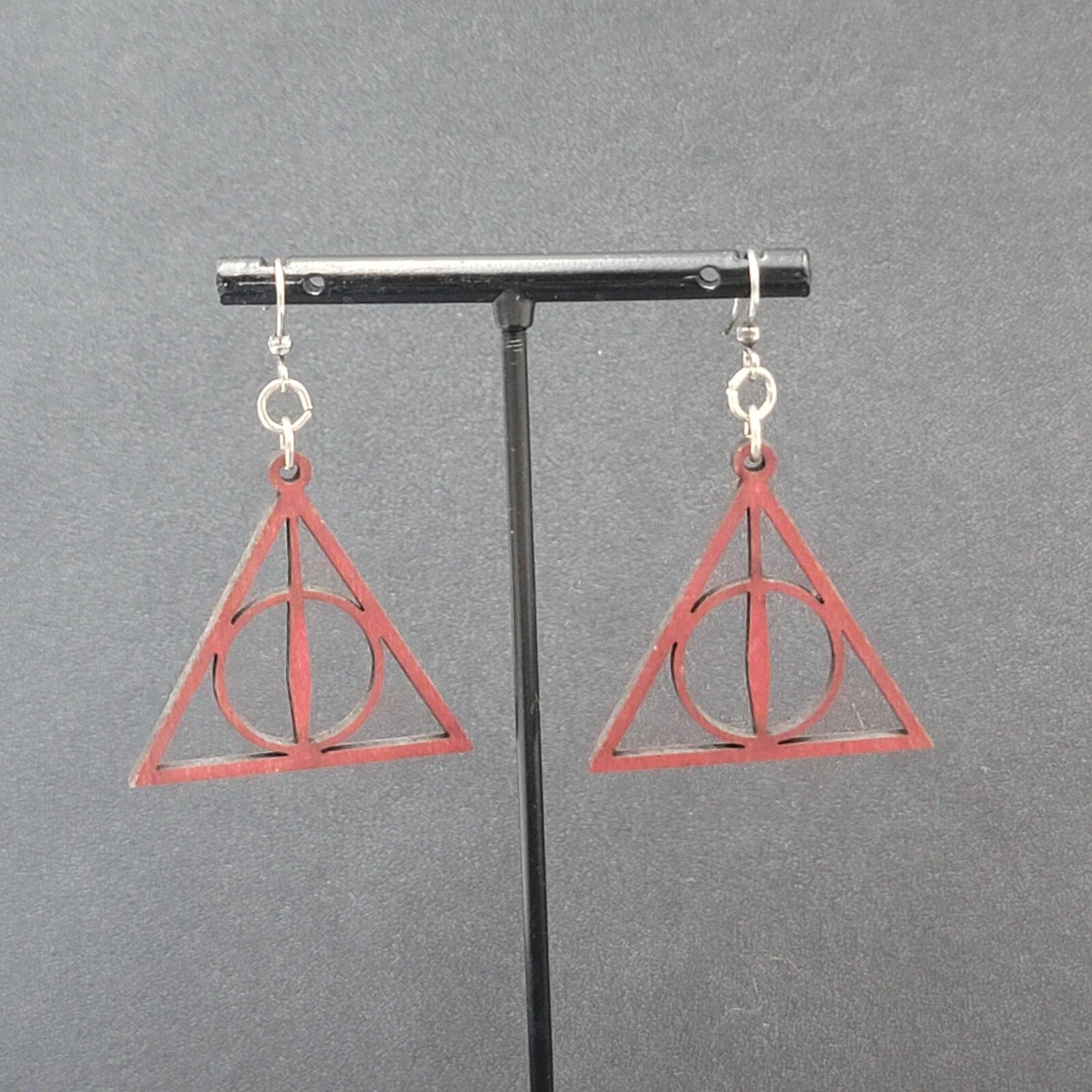 Deathly Hallows Pierced Earrings Harry Potter Wood Laser Cut Burgundy Red 1.25"