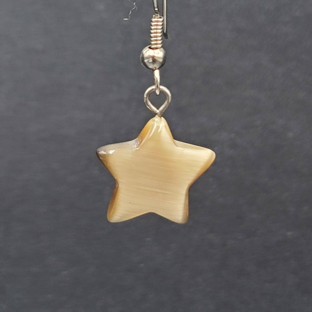 Pierced Earrings Silver tone Tan Brown Satin Cats Eye Glass Star Bead Dangle 3/4