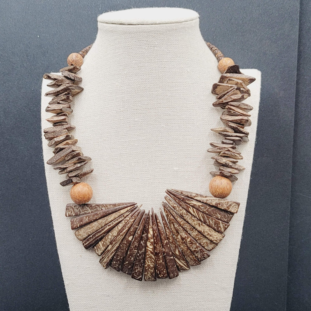 Vintage Coir Coconut Beads Necklace Brown Boho Ethnic Statement 19"