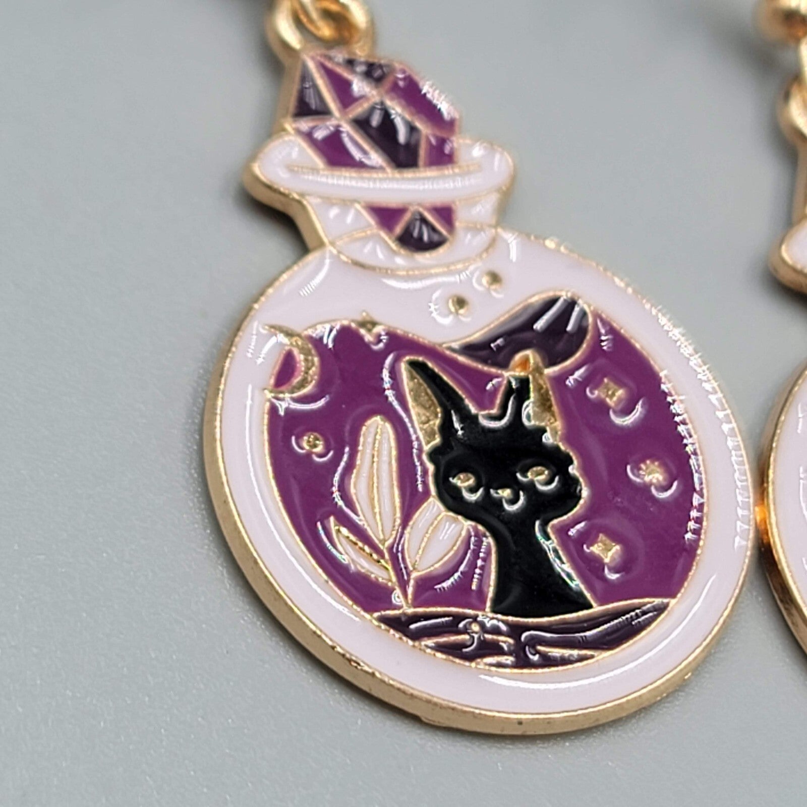 Potion Black Cat Pierced Earrings Enamel Gold tone Dangle New 1 1/8"