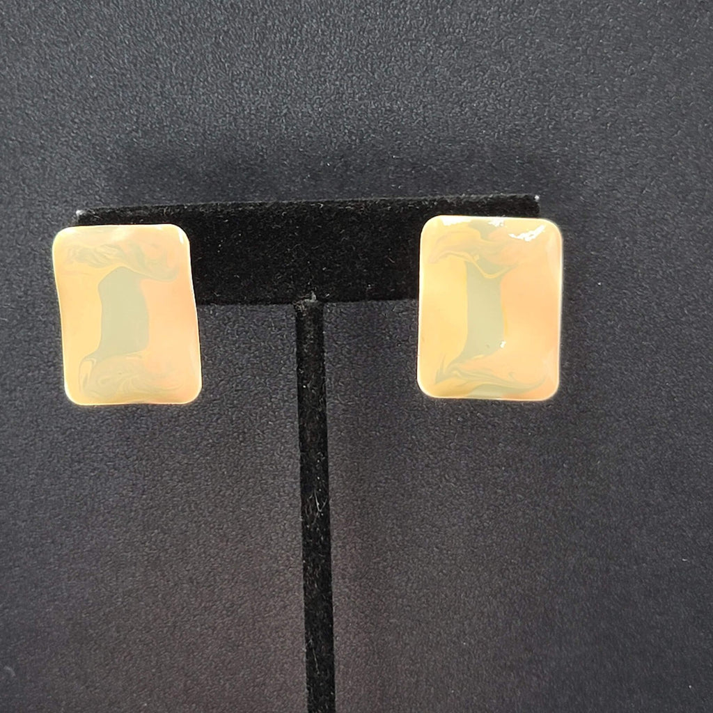 Vintage Pierced Earrings Peach Sage Enamel Rectangle Drop 1"