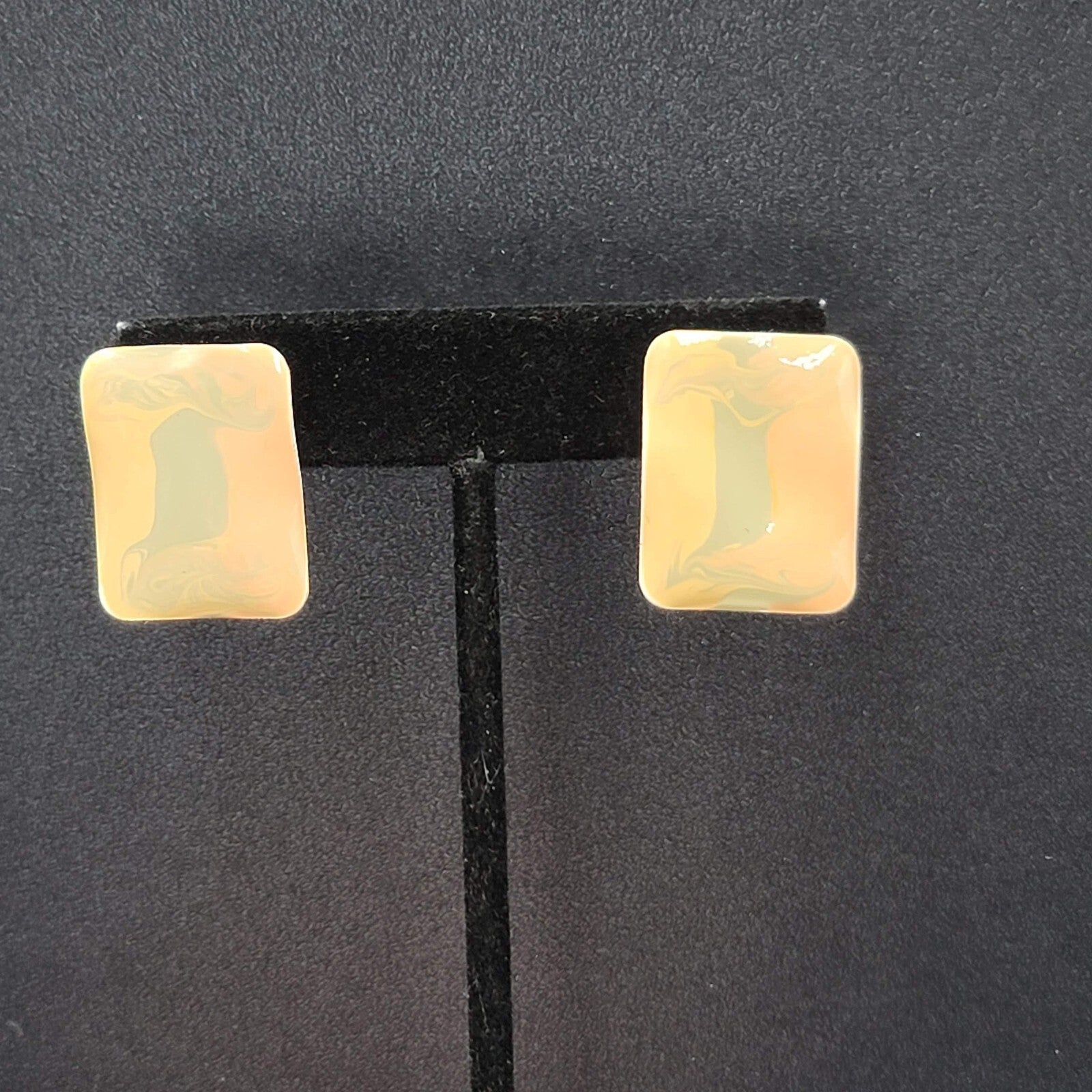 Vintage Pierced Earrings Peach Sage Enamel Rectangle Drop 1"