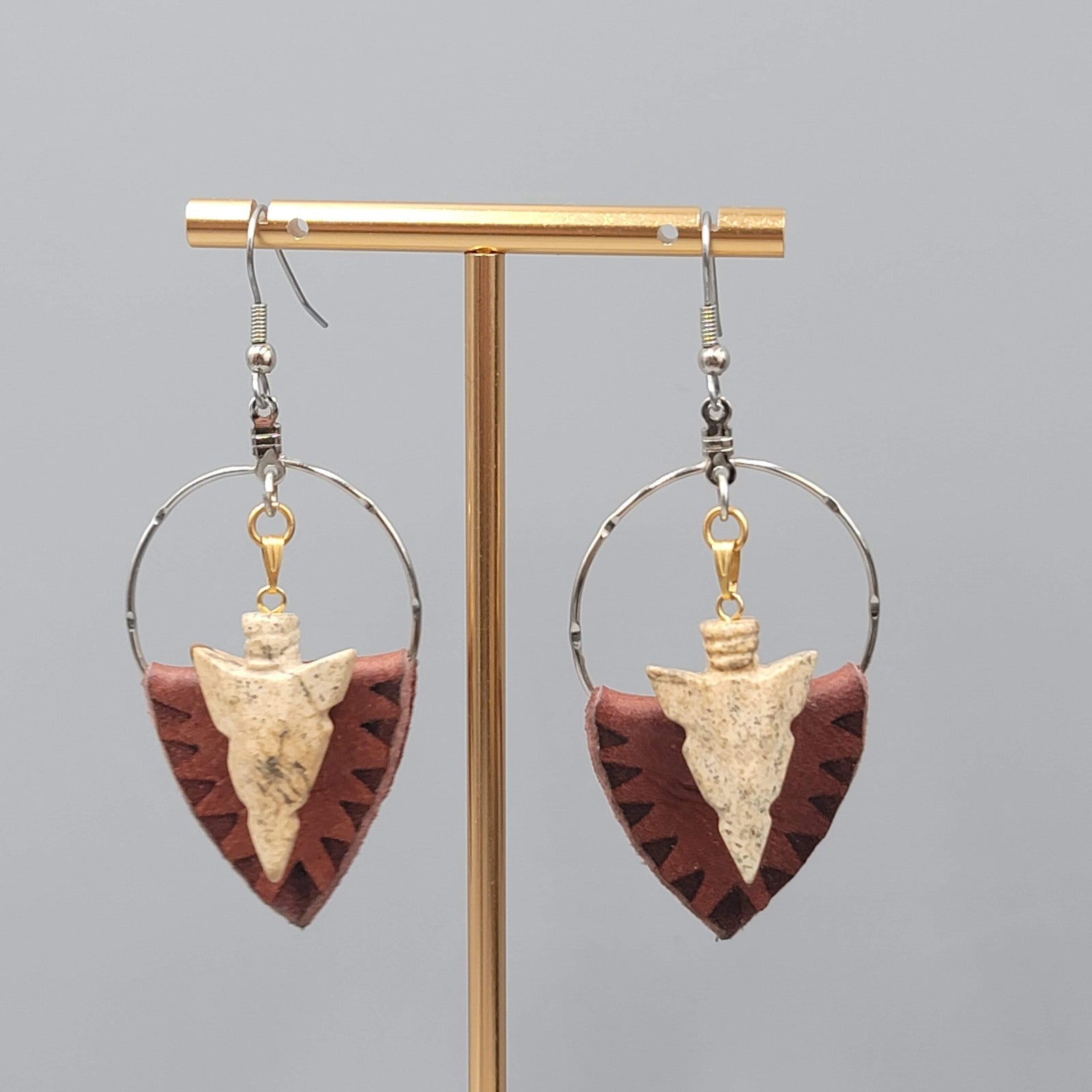 Arrowhead Pierced Earrings Boho Dangle Leather Stone Western Southwestern 2.25"