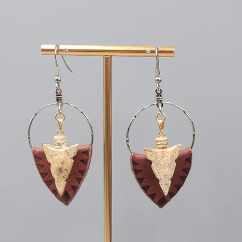 Arrowhead Pierced Earrings Boho Dangle Leather Stone Western Southwestern 2.25"
