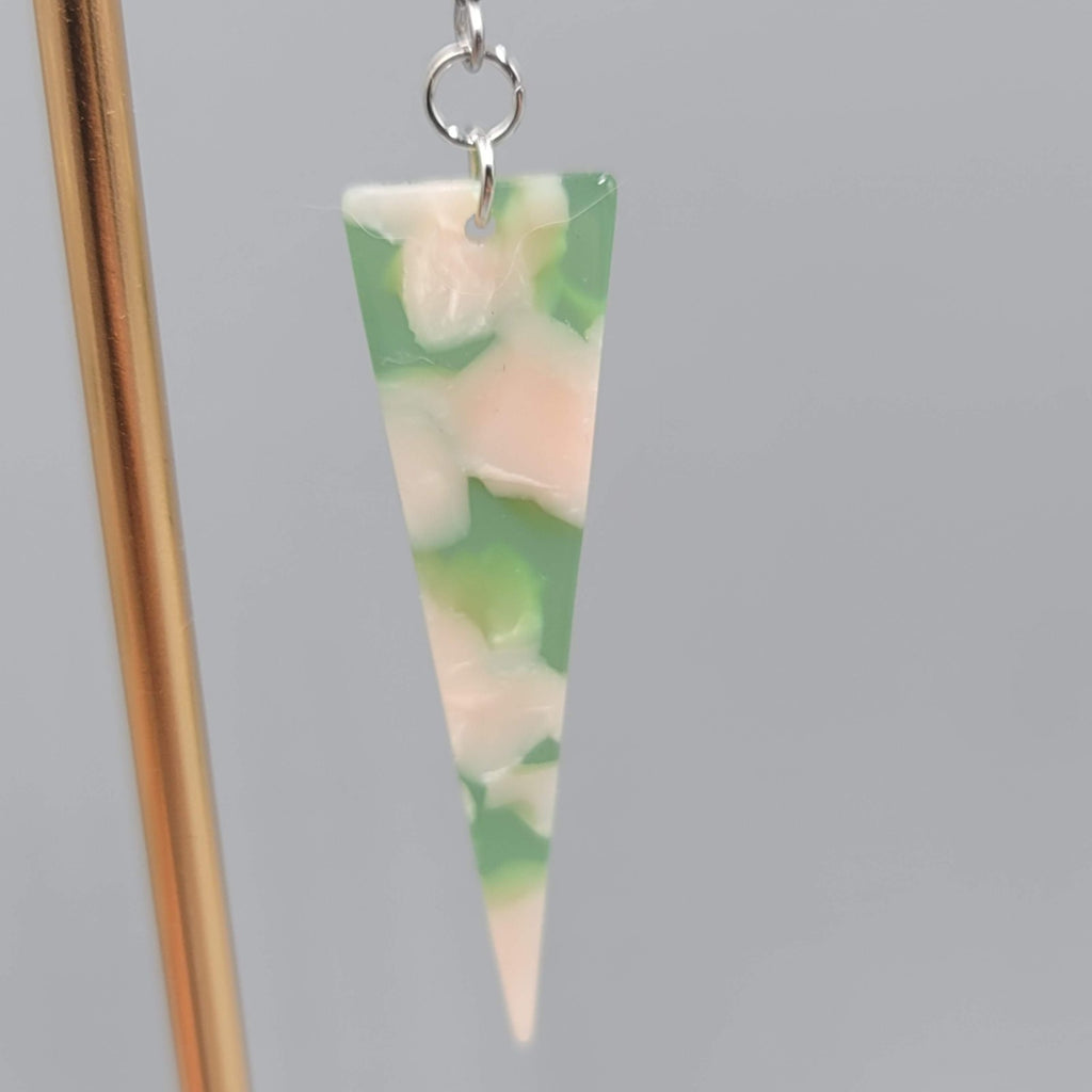 Pink Green Resin Triangle Pierced Earrings Silver tone Dangle  2 in