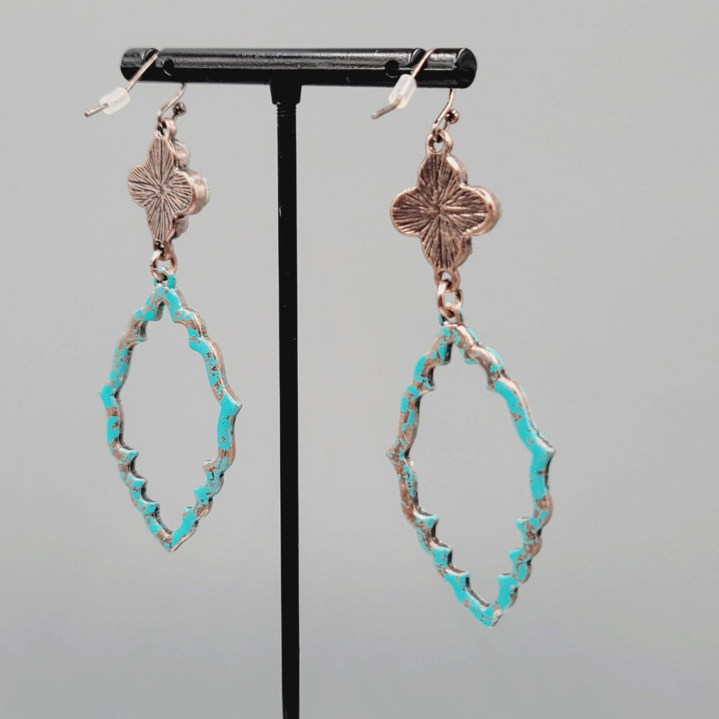 Blue Enamel Patina Dangle Pierced Earrings Silver tone Cross Copper tone 2.5"