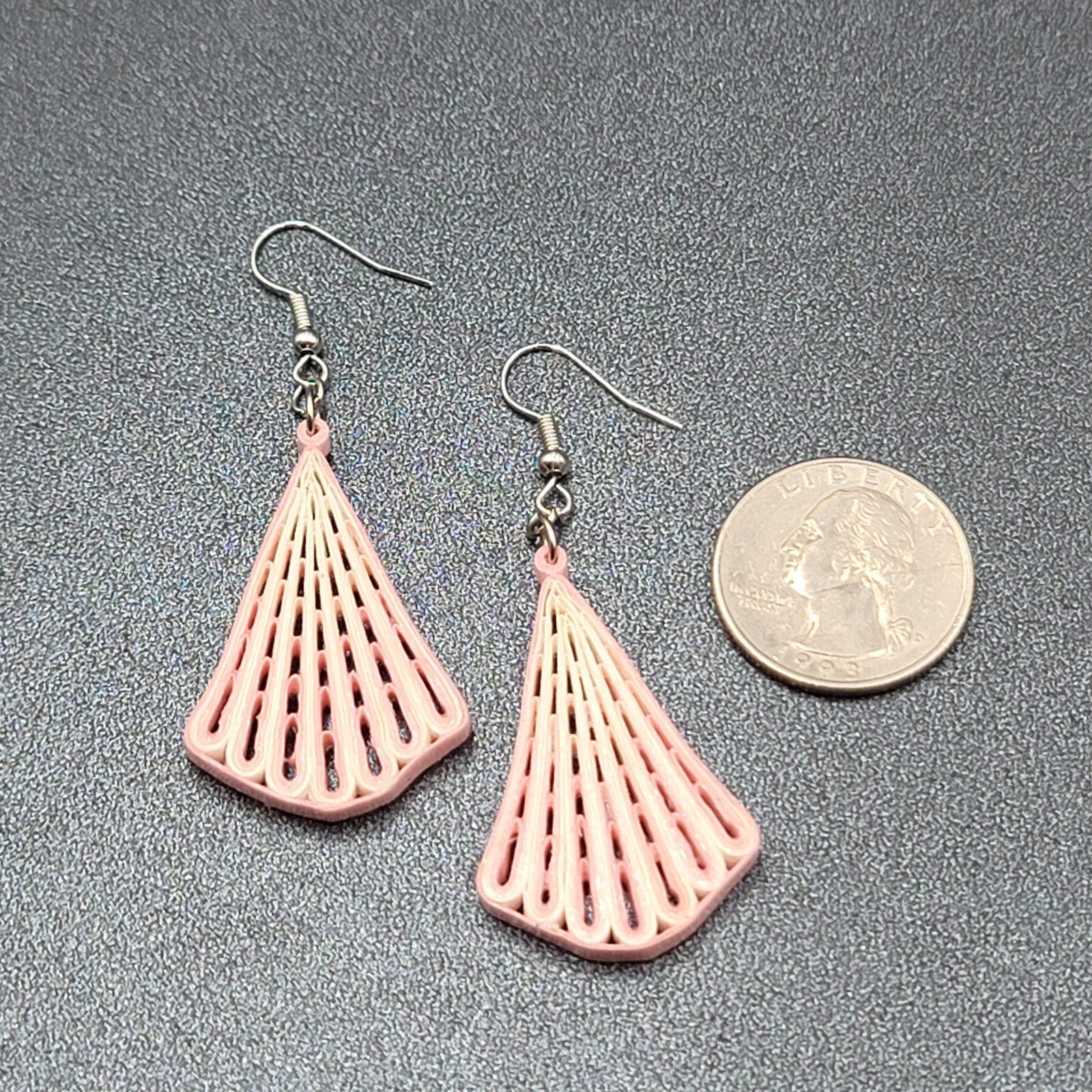 Vintage Pierced Earrings Paper Quilled Pink White Dangle Hand Made 2"