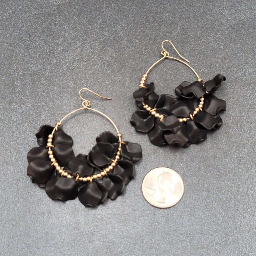Pierced Earrings Gold tone Black Acrylic Hoops Dangle 2.5"