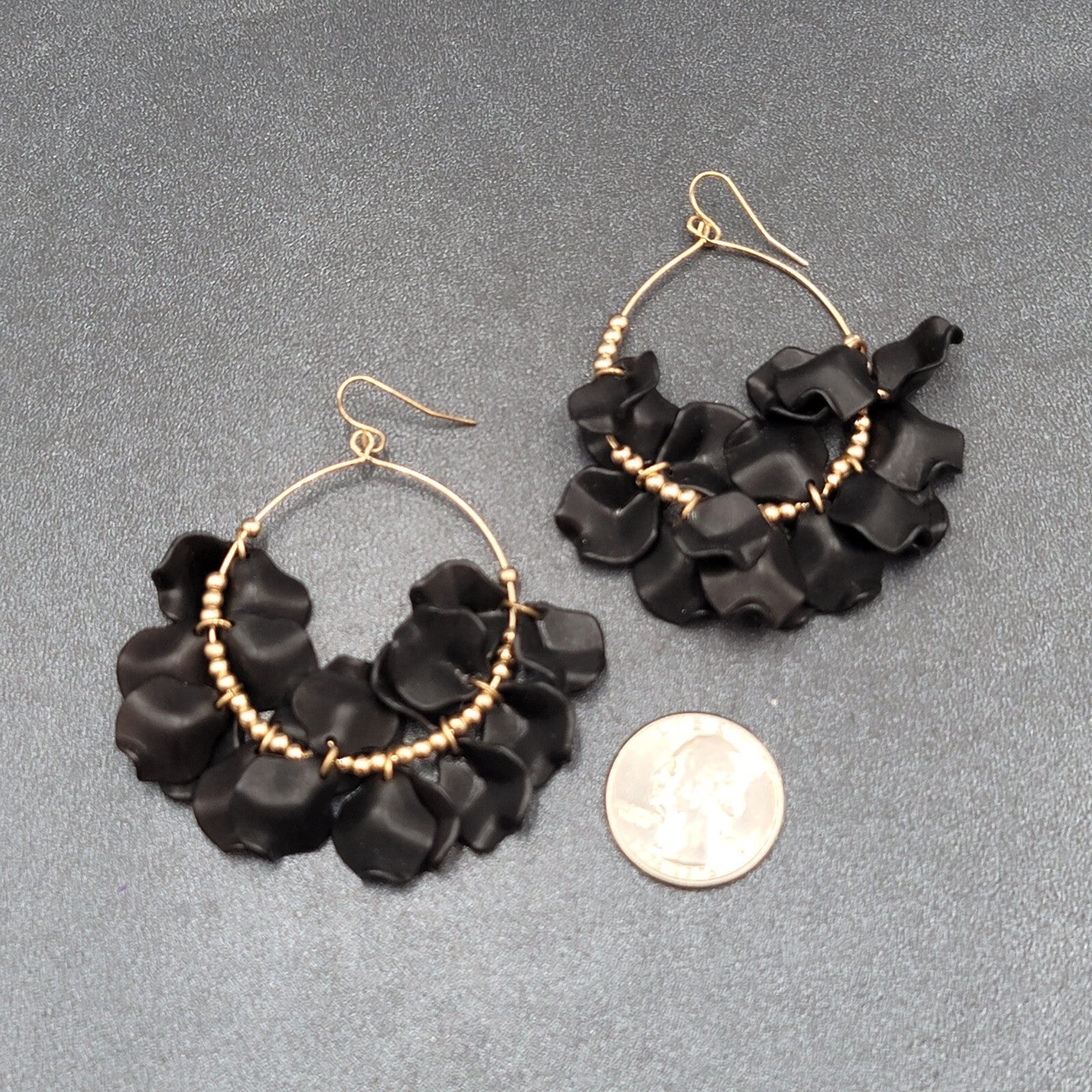 Pierced Earrings Gold tone Black Acrylic Hoops Dangle 2.5"