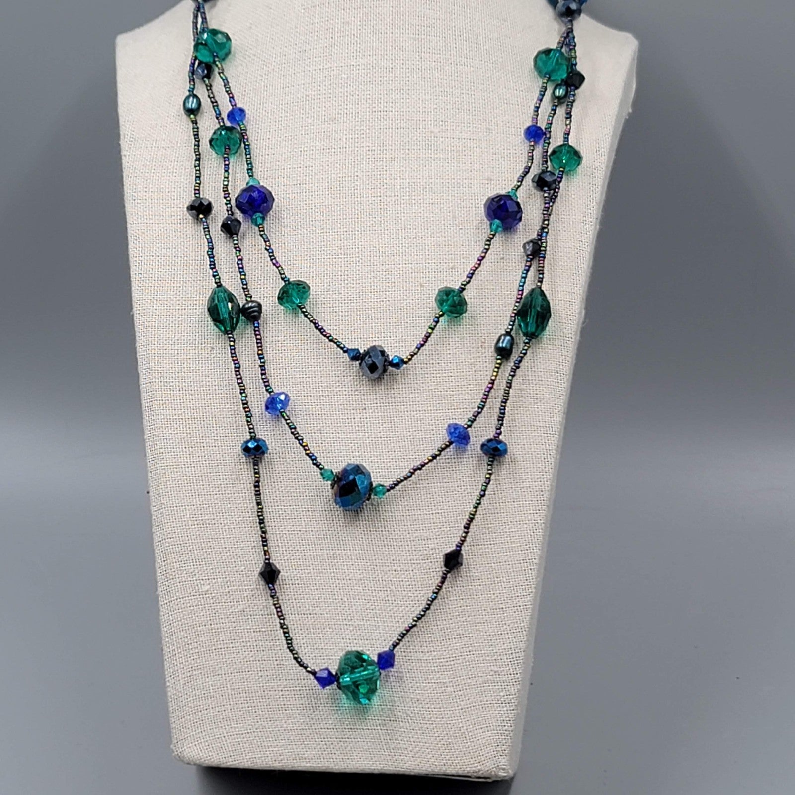 Signed Beaded Necklace Long 30 in Black Purple Green Triple Layer