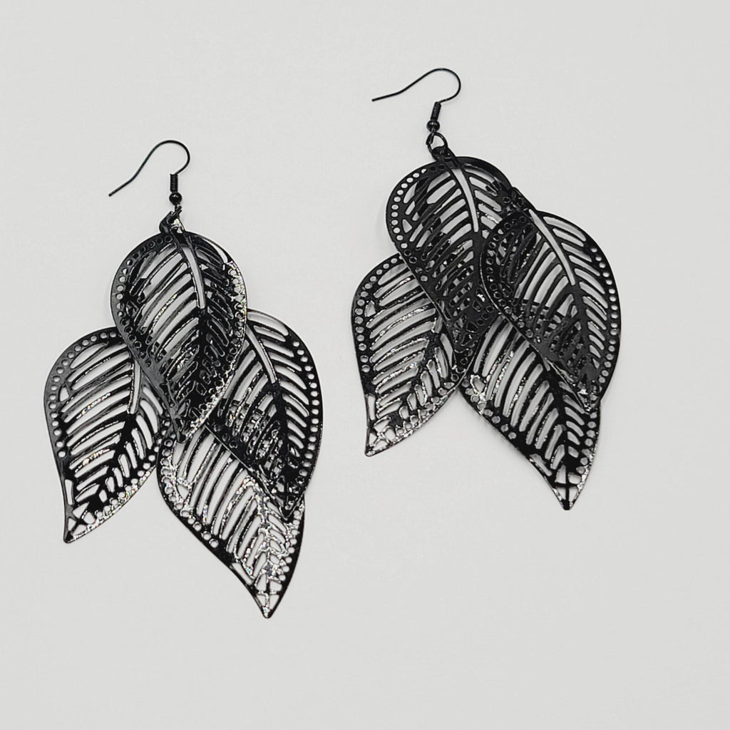 Large Statement Pierced Earrings Black Enamel Leaf Chandelier Dangle 3.5"