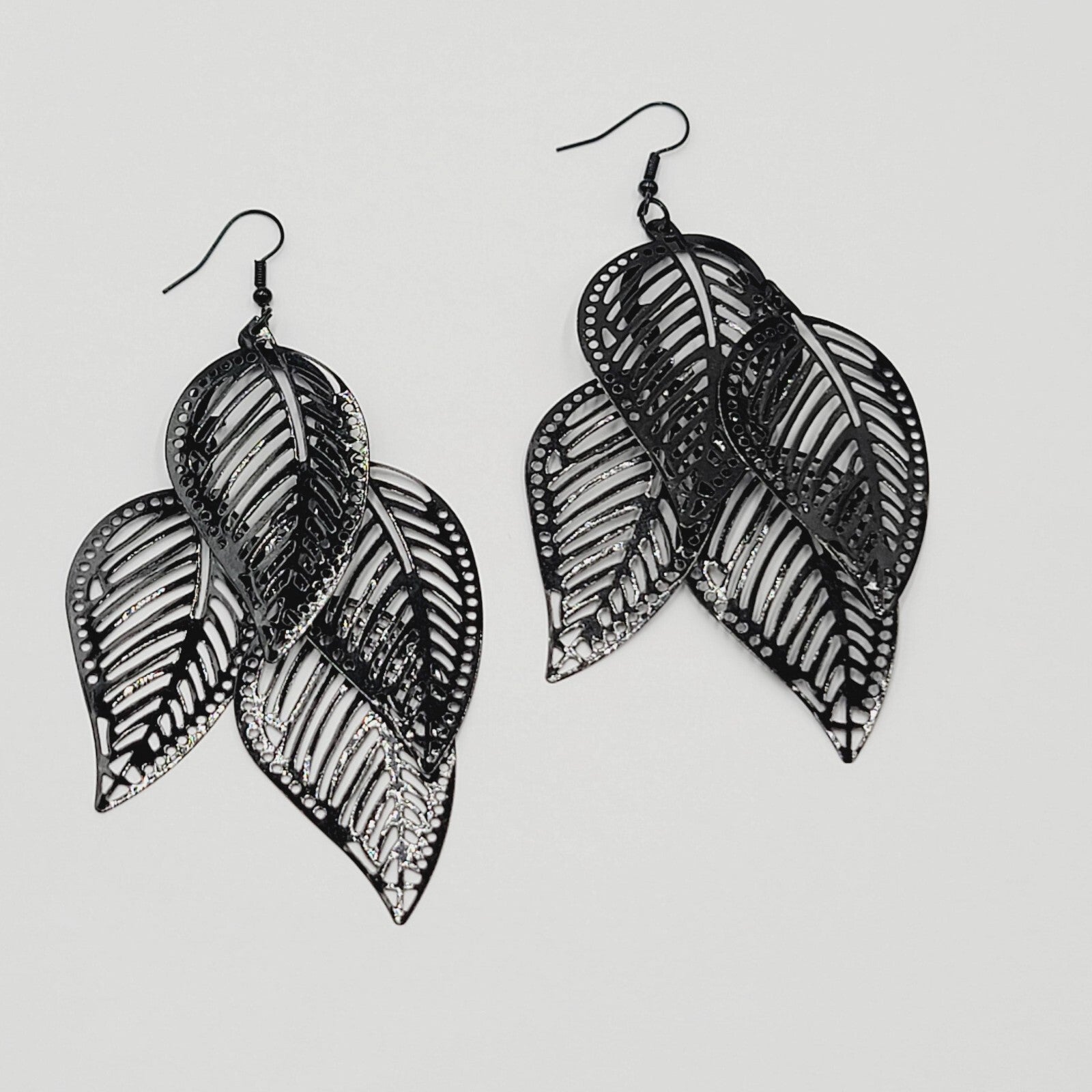 Large Statement Pierced Earrings Black Enamel Leaf Chandelier Dangle 3.5"