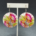 Pierced Earrings Painted Shell Round Multicolor Flower Silver tone Dangle 2"