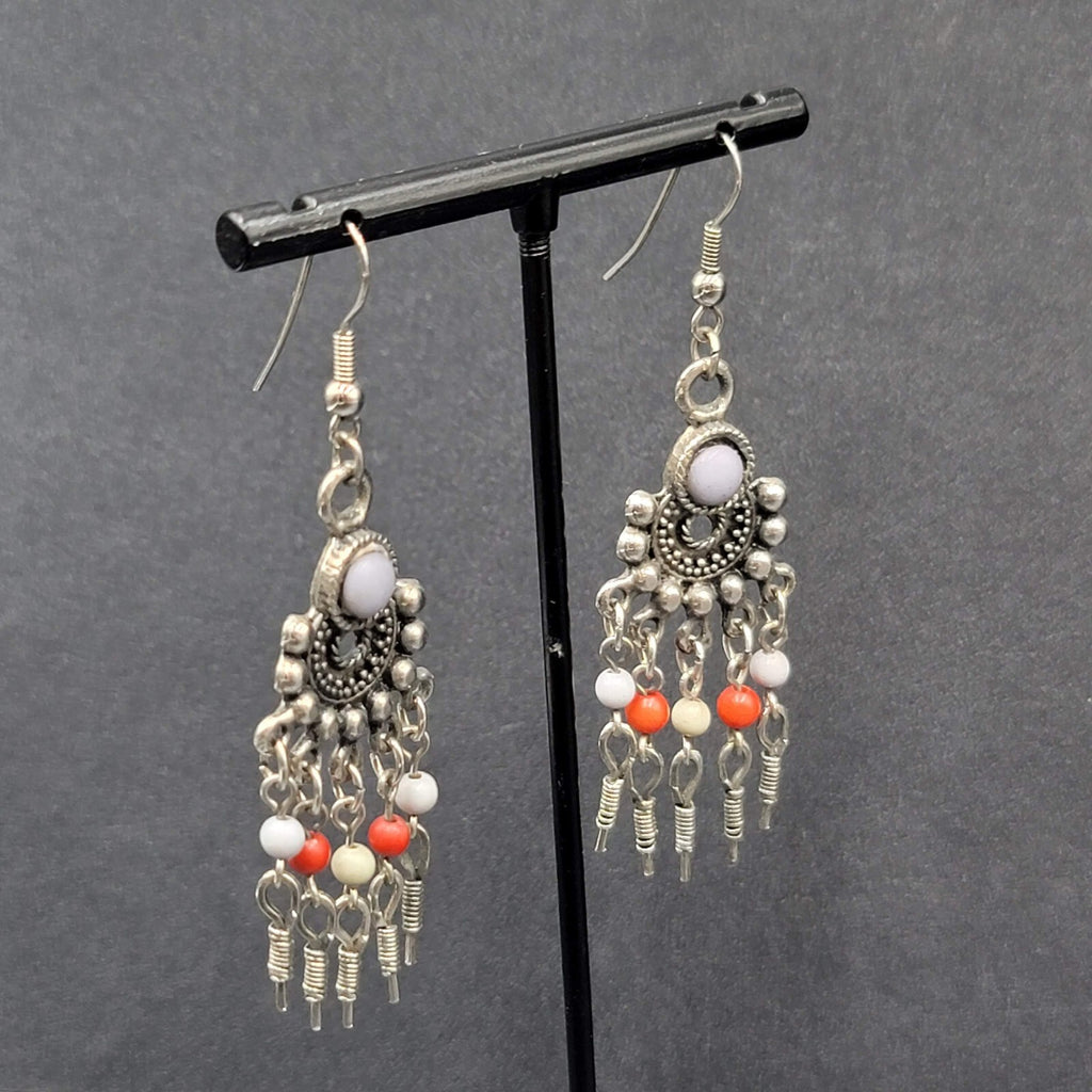 Boho Pierced Earrings Silver tone Beaded Chandelier 2.25"